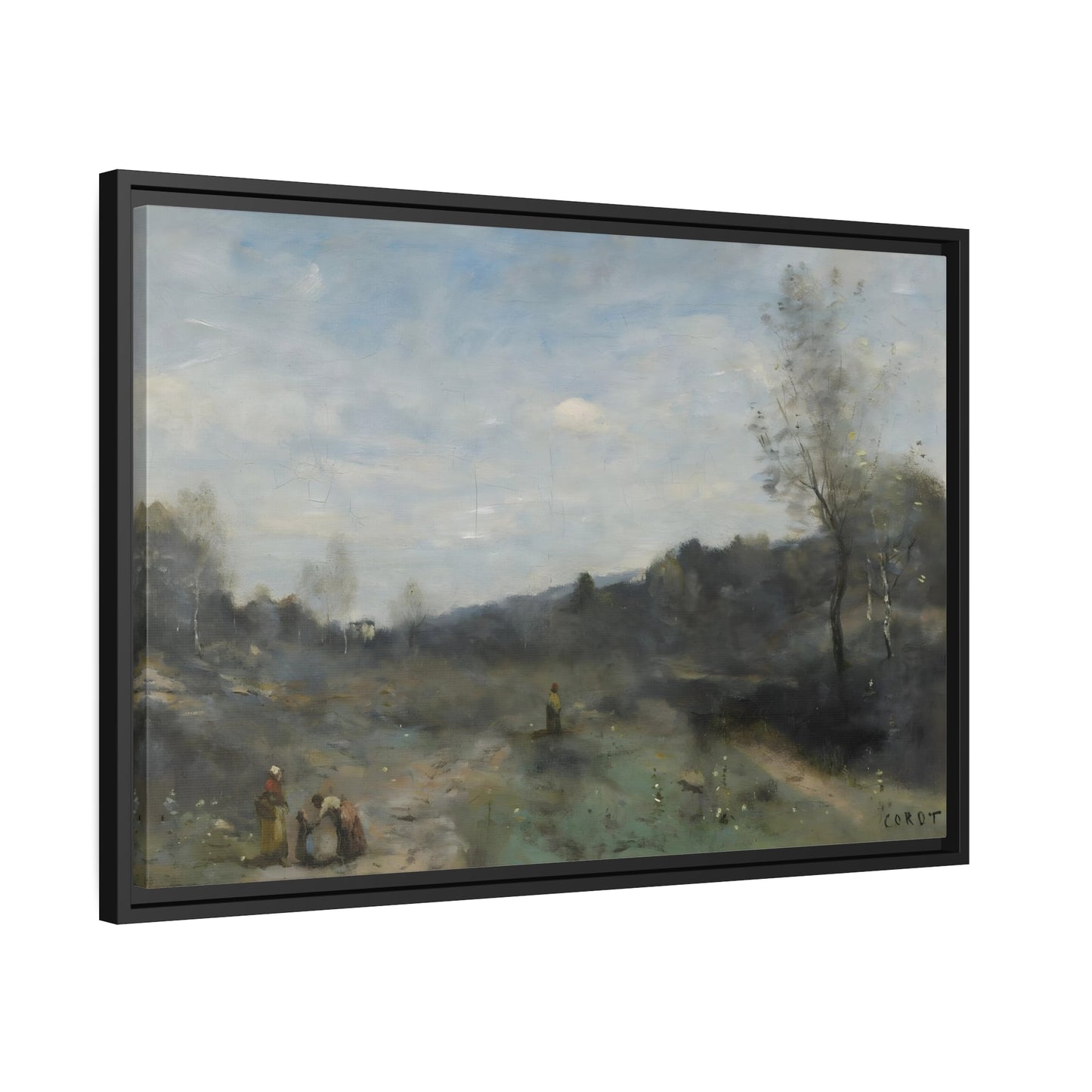 Jean Baptiste Camille Corot Cleared Valley Landscape - Framed Nature Canvas Wall Art Print in Black Frame