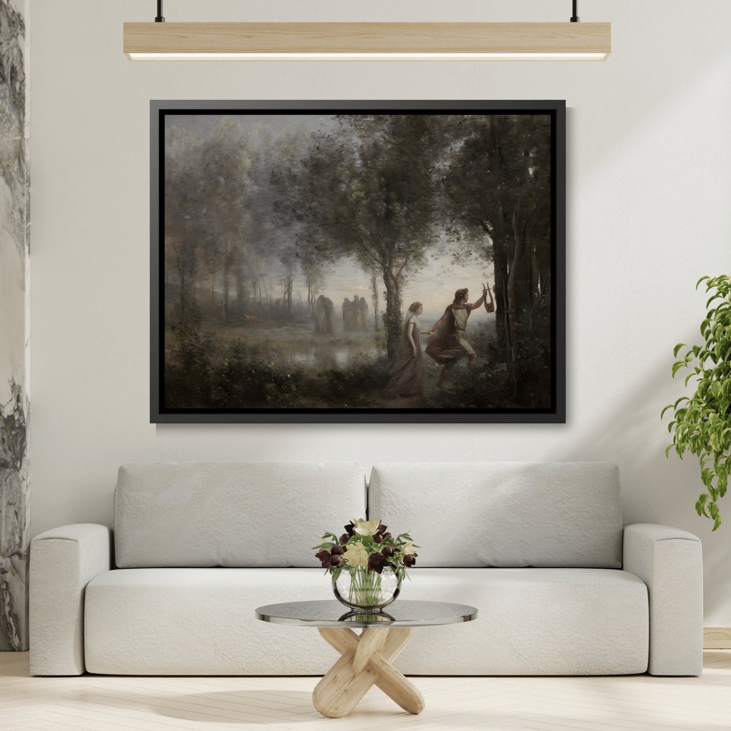 Jean Baptiste Camille Corot Orpheus Leading Eurydice from the Underworld - Framed Canvas Wall Art Print in Black Pinewood Frame