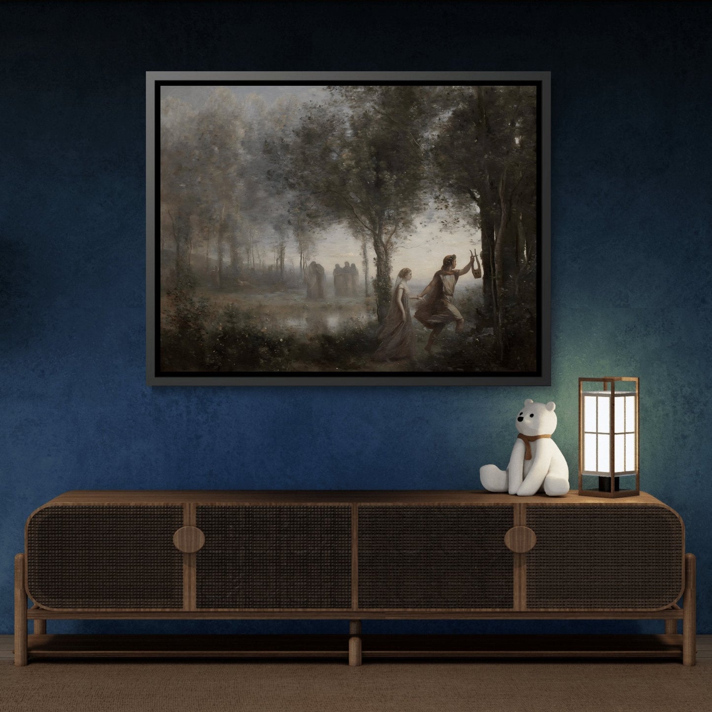 Jean Baptiste Camille Corot Orpheus Leading Eurydice from the Underworld - Framed Canvas Wall Art Print in Black Pinewood Frame
