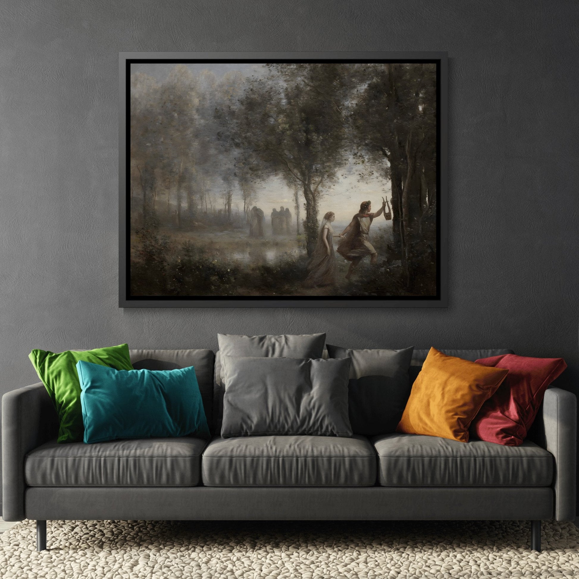 Jean Baptiste Camille Corot Orpheus Leading Eurydice from the Underworld - Framed Canvas Wall Art Print in Black Pinewood Frame