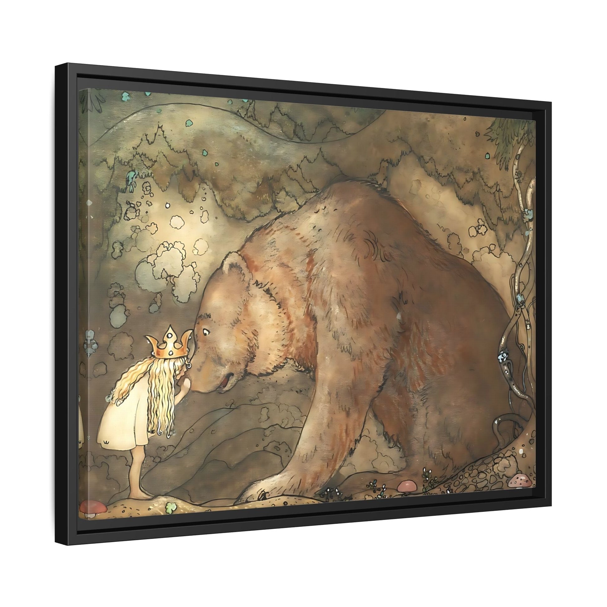 John Bauer Kissed Bear Canvas Print - Framed Fairy Tale Wall Art Prints