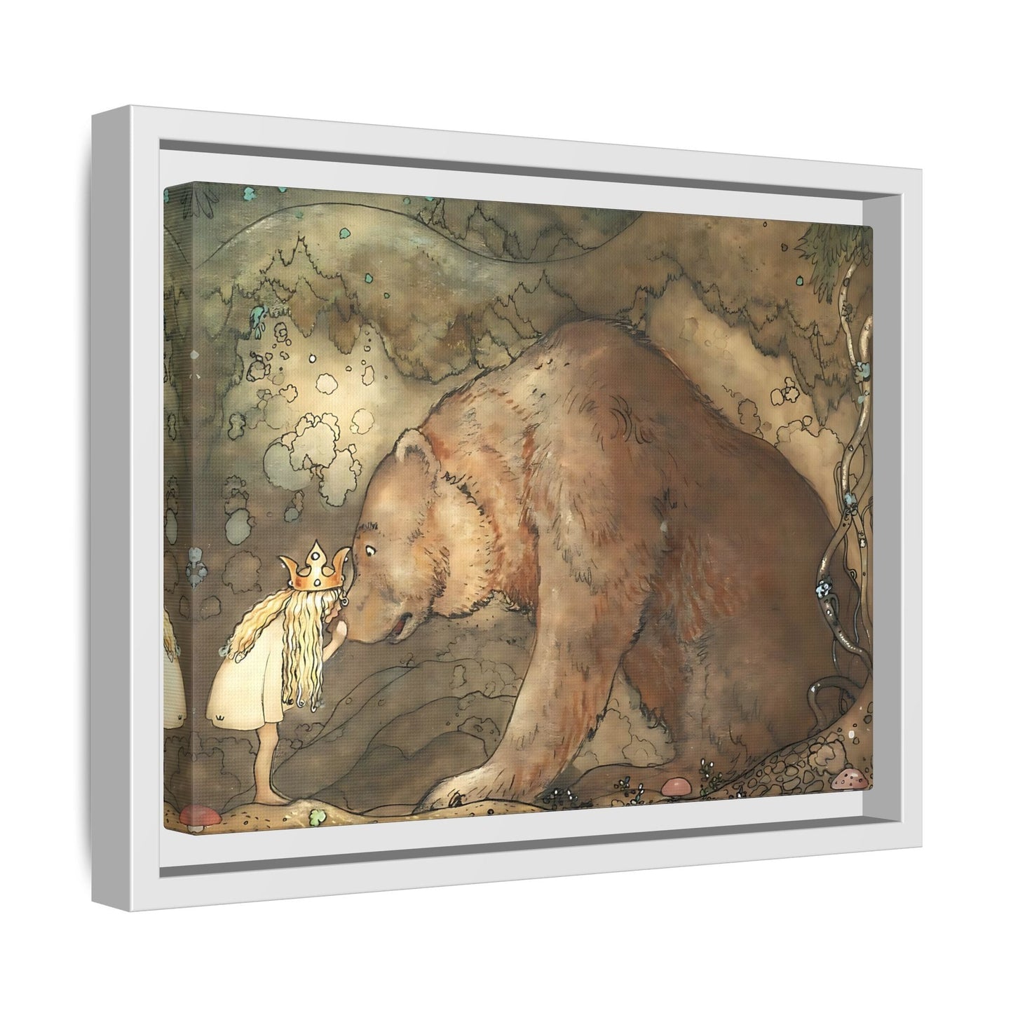 John Bauer Kissed Bear Canvas Print - Framed Fairy Tale Wall Art Prints