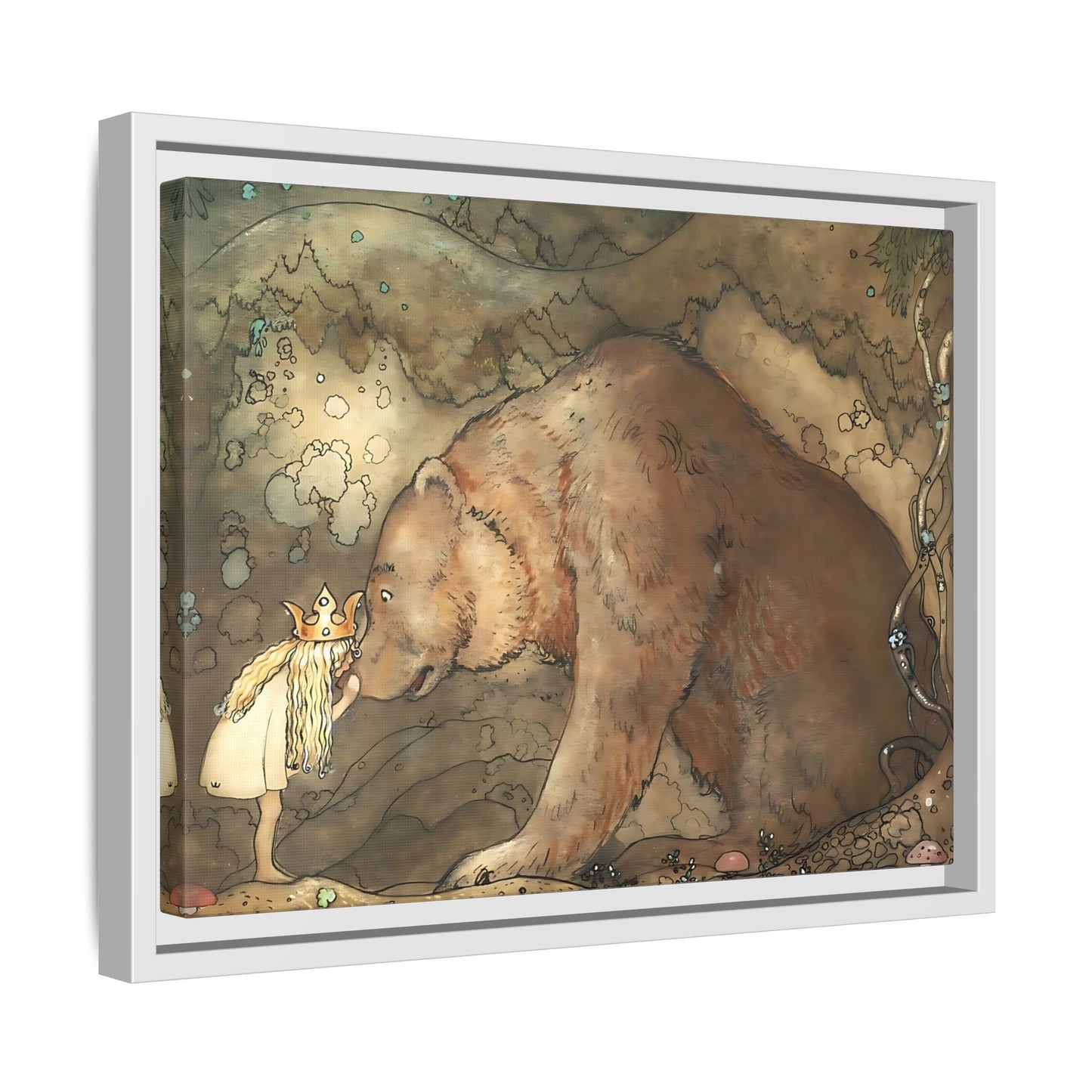 John Bauer Kissed Bear Canvas Print - Framed Fairy Tale Wall Art Prints
