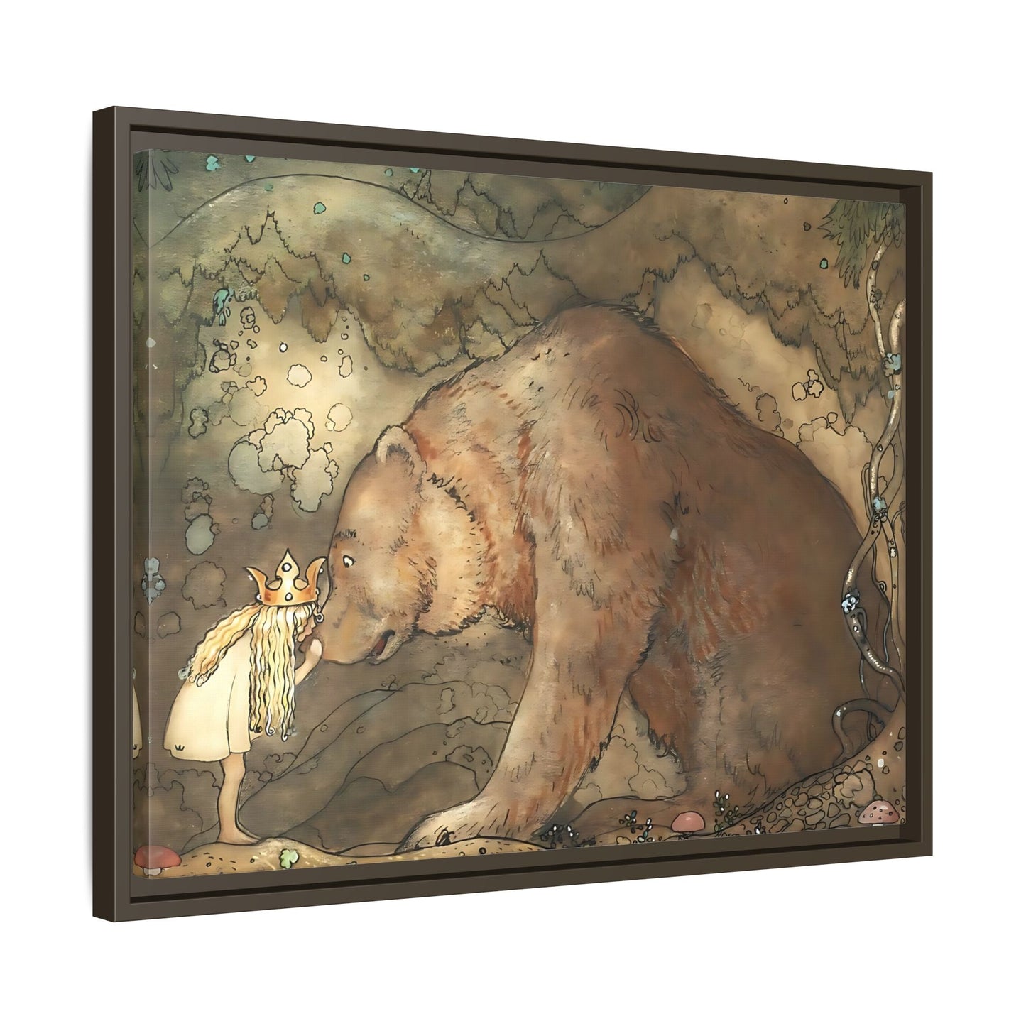 John Bauer Kissed Bear Canvas Print - Framed Fairy Tale Wall Art Prints