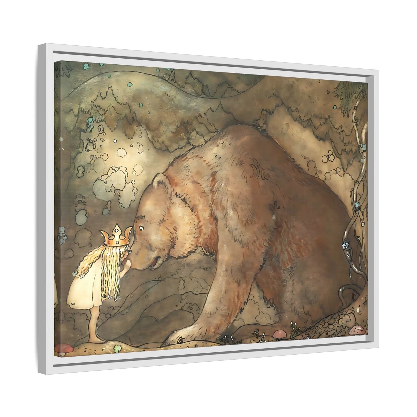 John Bauer Kissed Bear Canvas Print - Framed Fairy Tale Wall Art Prints