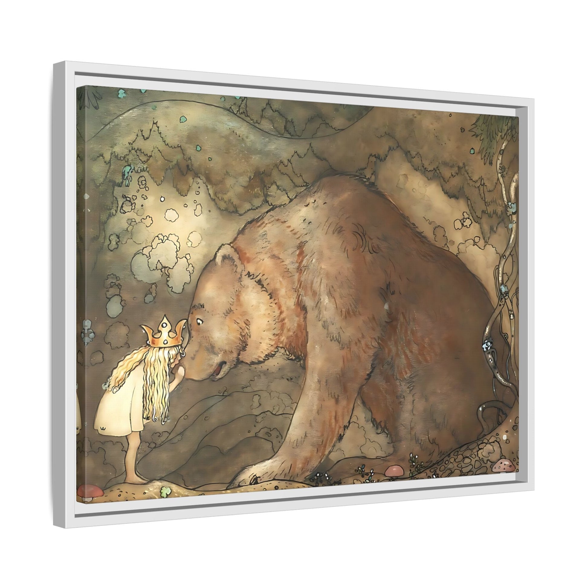 John Bauer Kissed Bear Canvas Print - Framed Fairy Tale Wall Art Prints