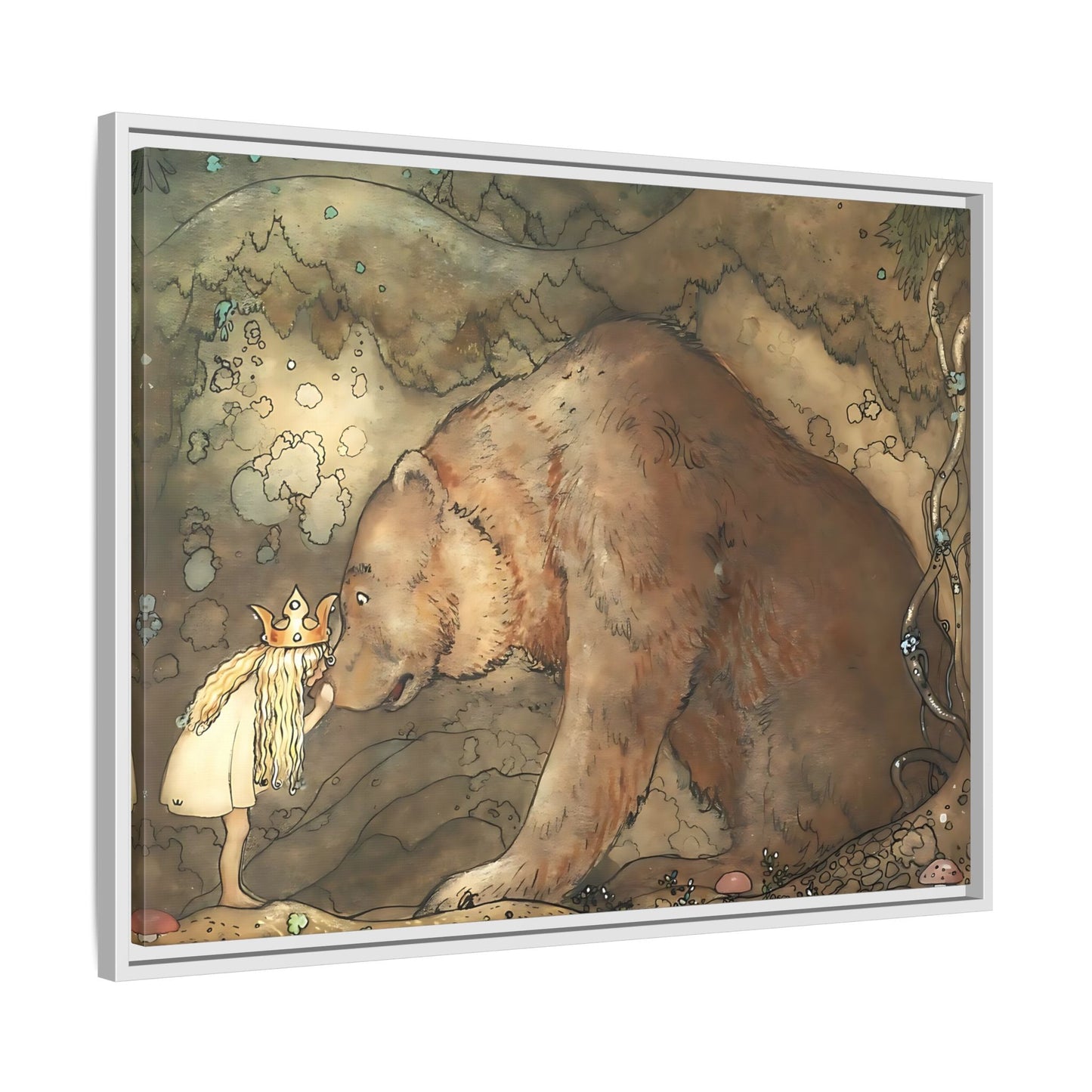John Bauer Kissed Bear Canvas Print - Framed Fairy Tale Wall Art Prints