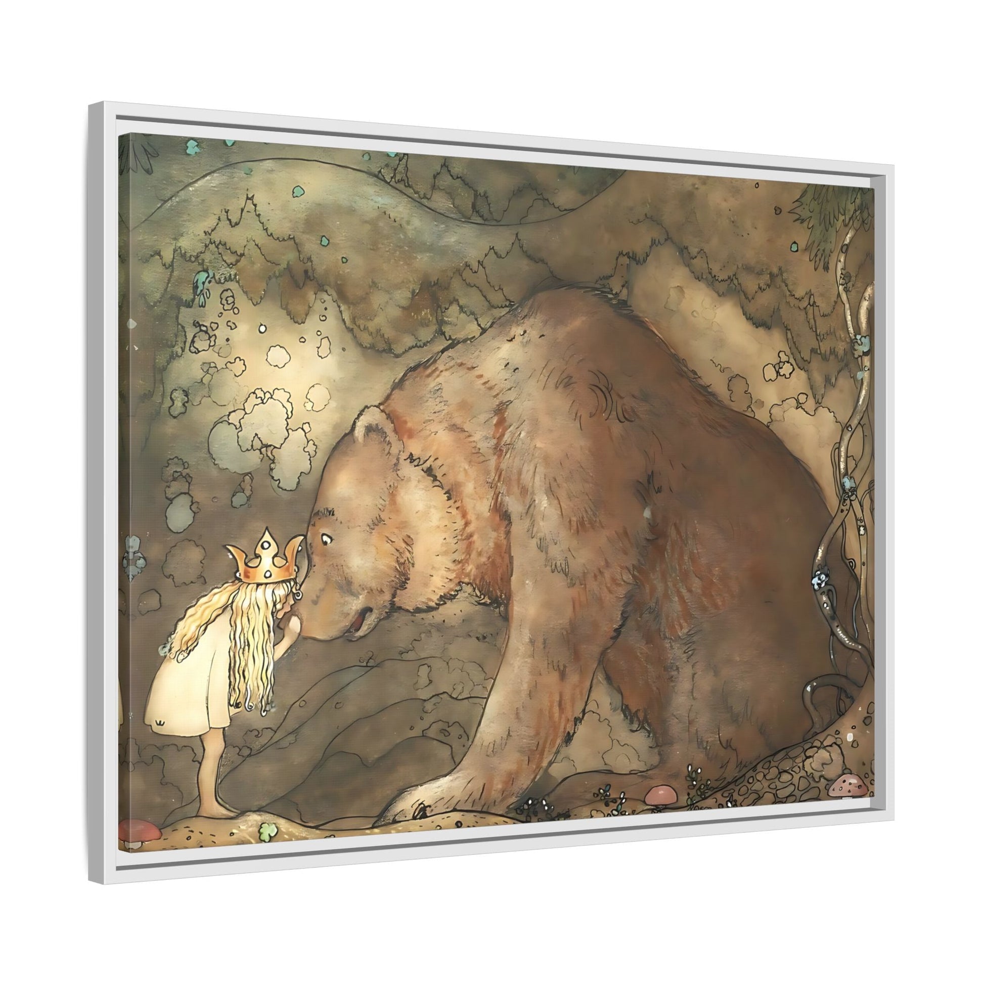 John Bauer Kissed Bear Canvas Print - Framed Fairy Tale Wall Art Prints