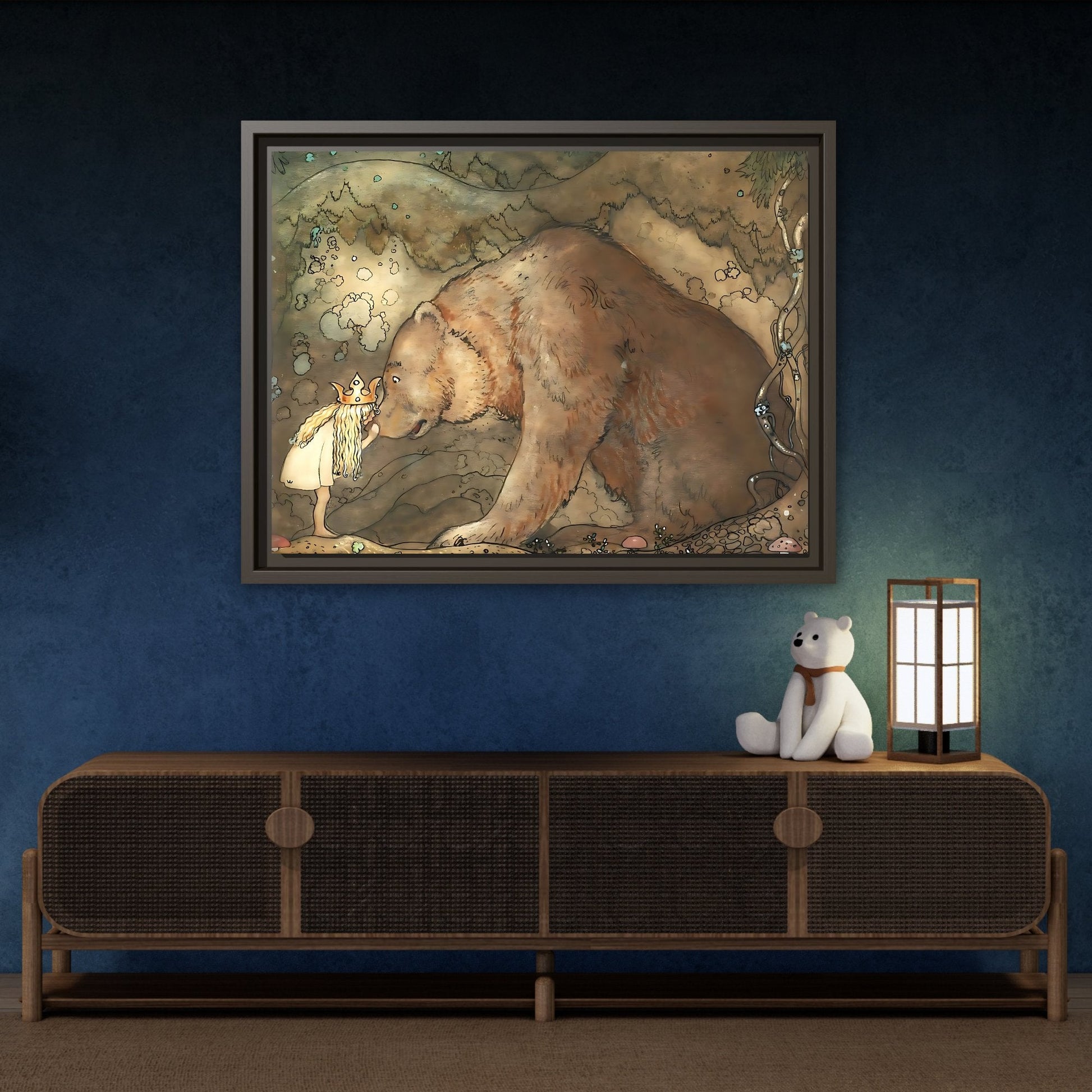 John Bauer Kissed Bear Canvas Print - Framed Fairy Tale Wall Art Prints