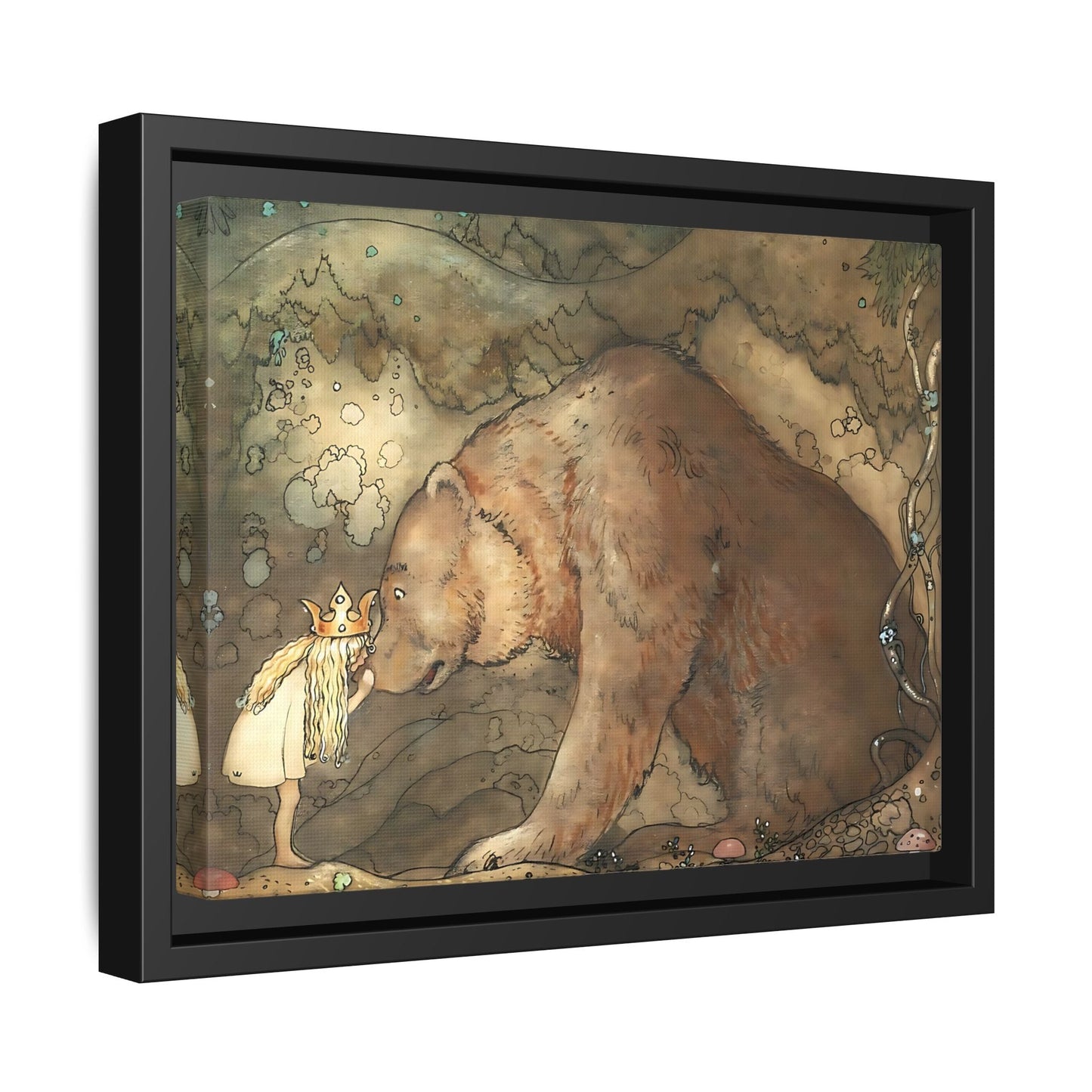 John Bauer Kissed Bear Canvas Print - Framed Fairy Tale Wall Art Prints