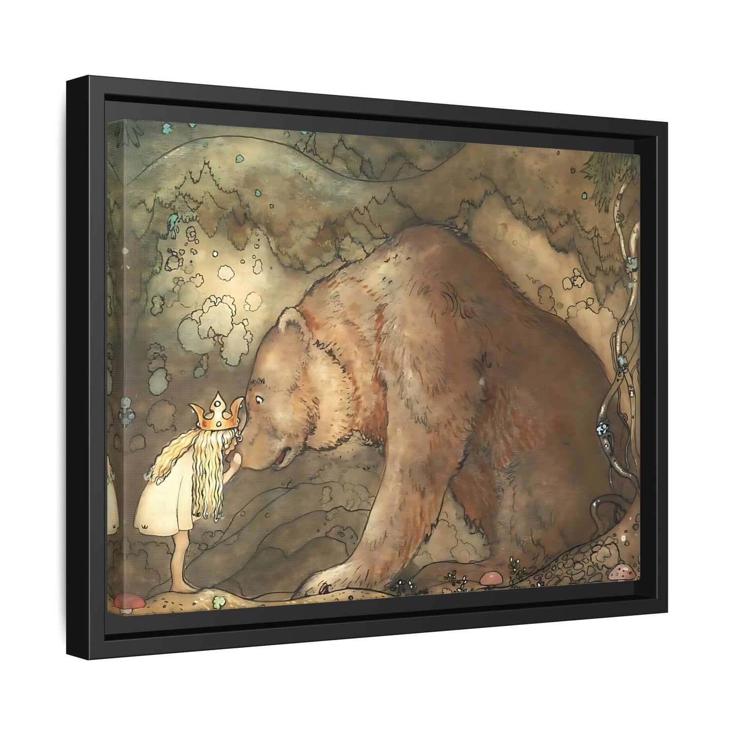 John Bauer Kissed Bear Canvas Print - Framed Fairy Tale Wall Art Prints