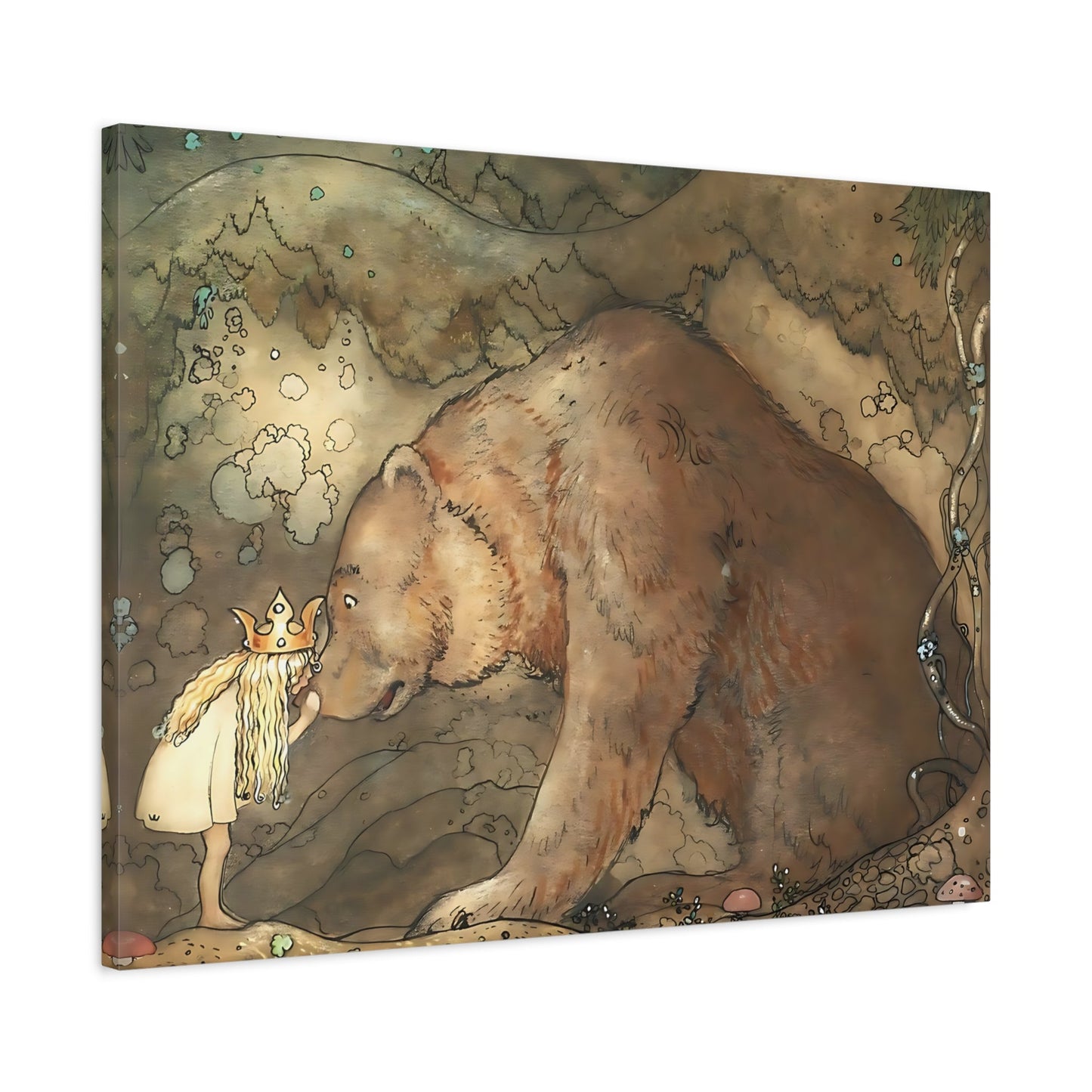 John Bauer Kissed Bear On The Nose - Fairytale Canvas Wall Art Print