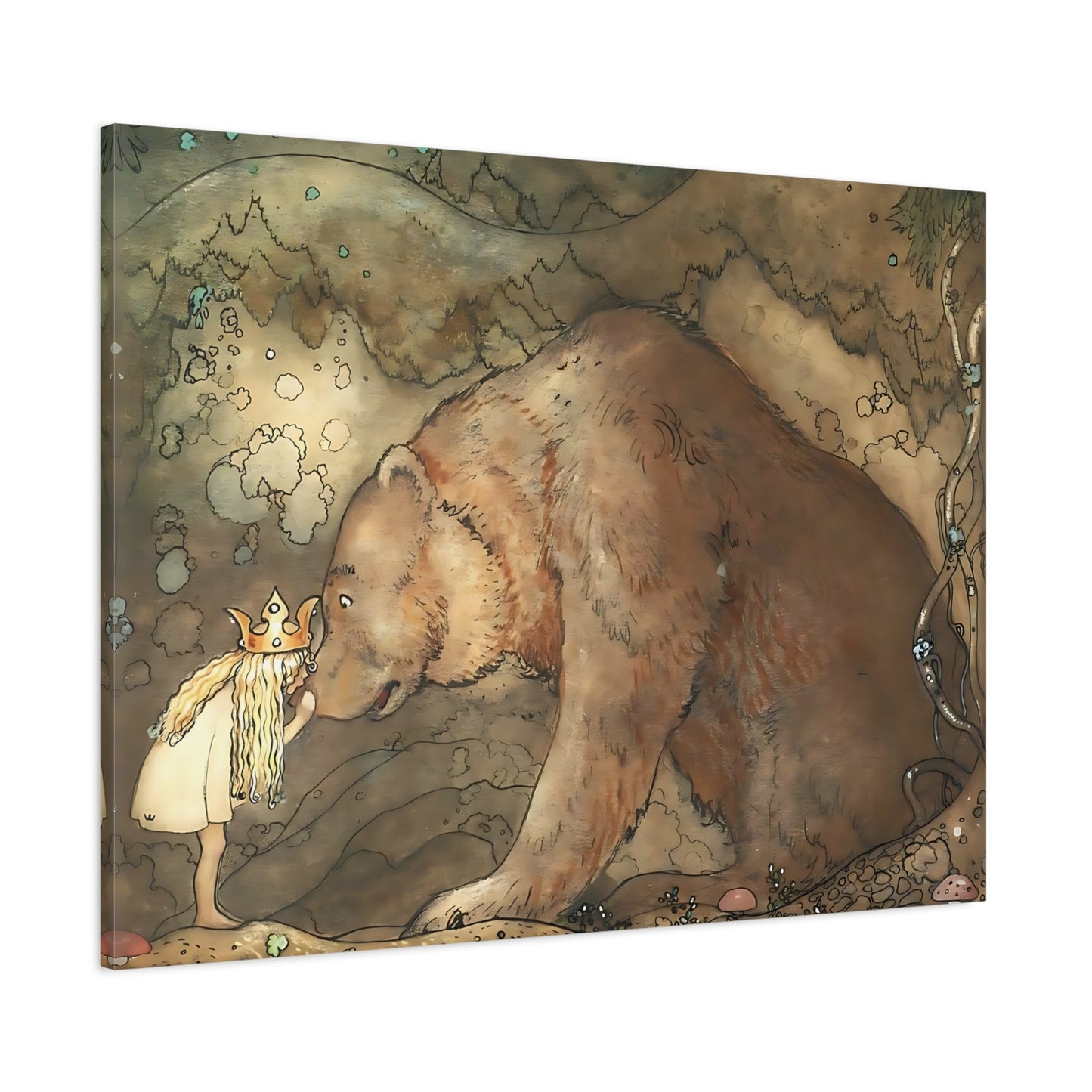 John Bauer Kissed Bear On The Nose - Fairytale Canvas Wall Art Print