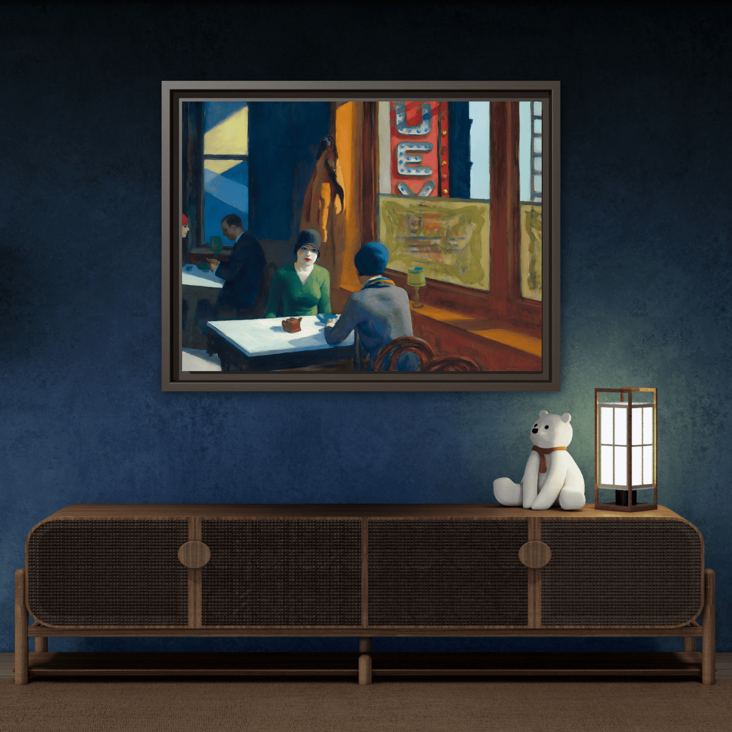 Large Cafe Canvas Wall Art Painting Reproduction - Framed Hopper Automat Print