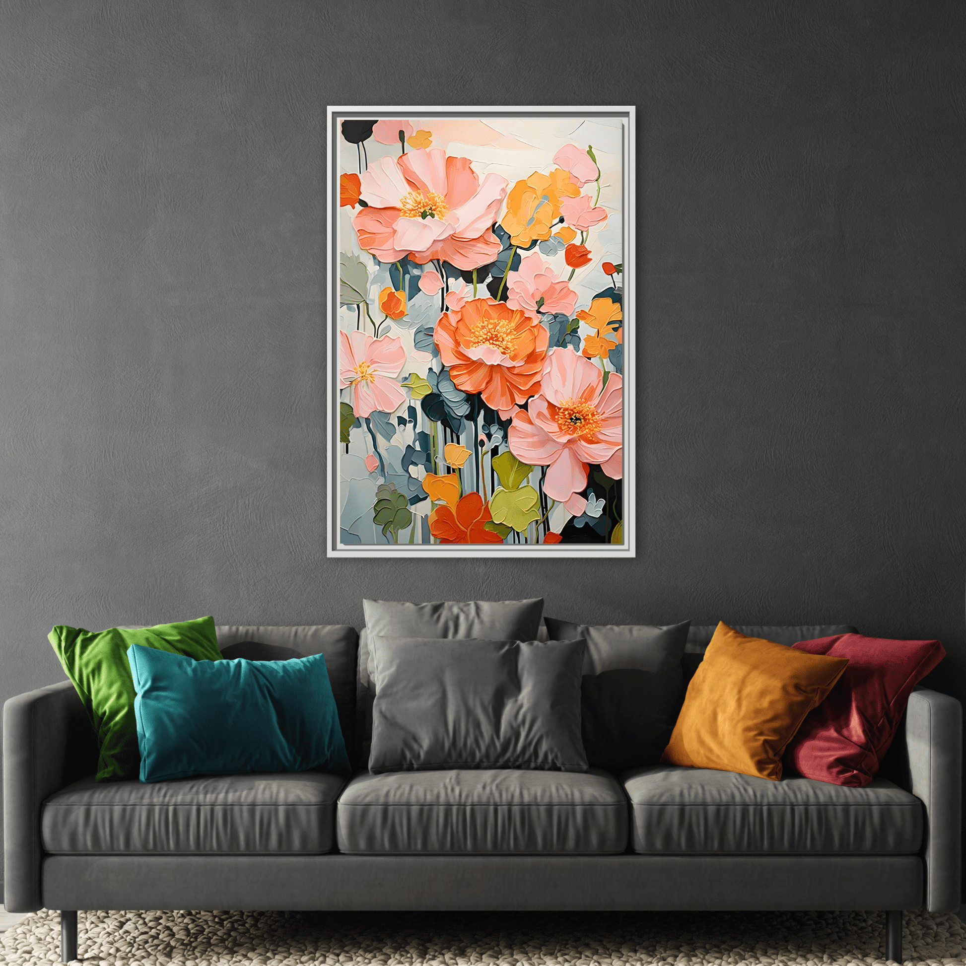 Large Colorful Floral Framed Canvas - Vibrant Flower Wall Art Print