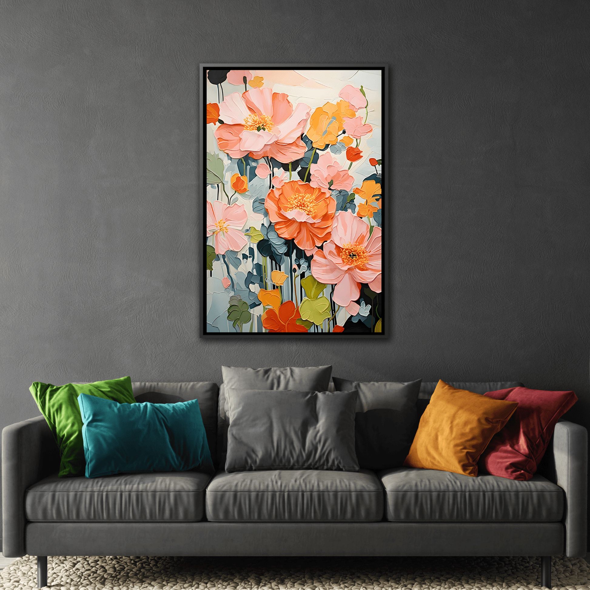 Large Colorful Floral Framed Canvas - Vibrant Flower Wall Art Print