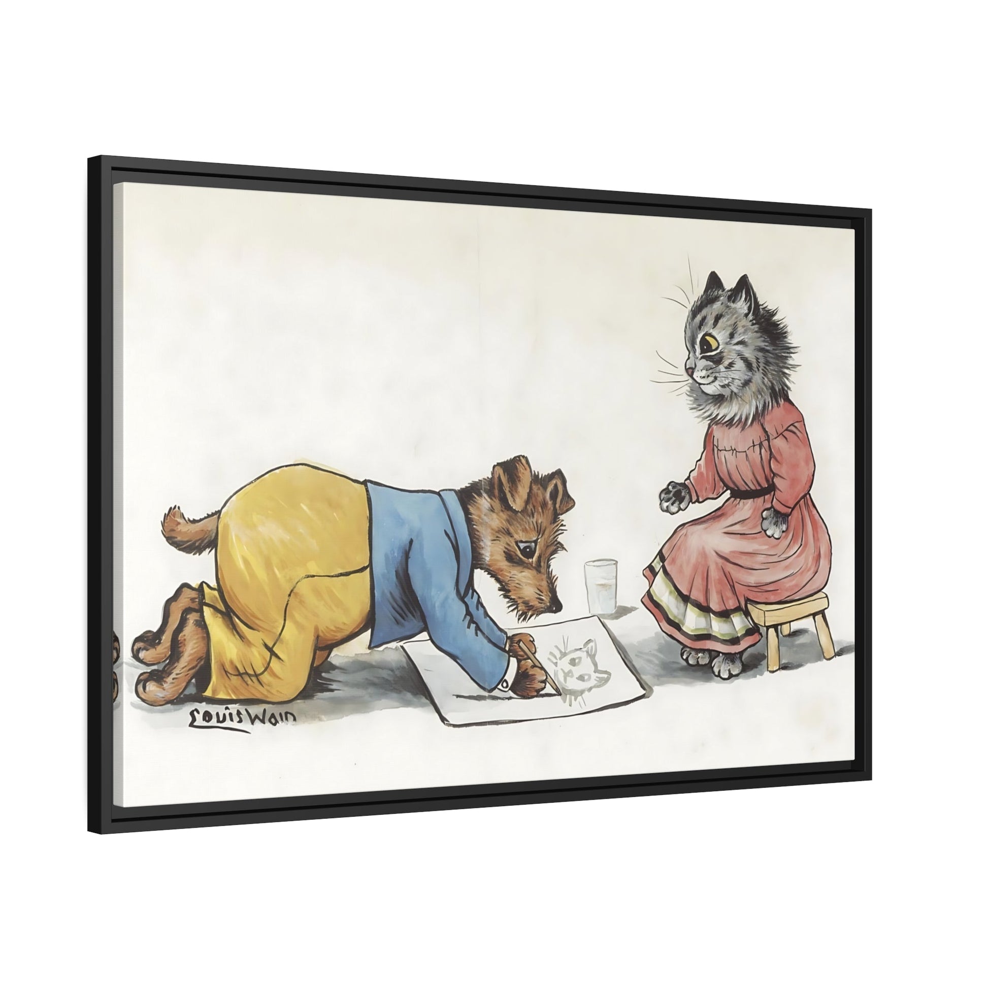 Louis Wain Master Portrait Painter - Framed Funny Cats Canvas Wall Art Print in Black Pinewood Frame