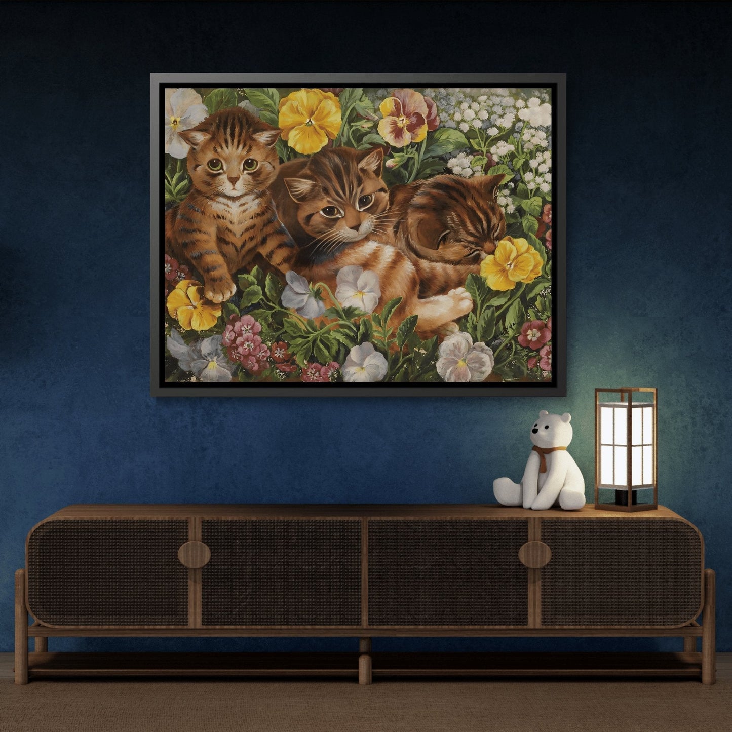 Louis Wain Three Kittens in a Flower Bed - Cats Canvas Wall Art Print in Black Frame