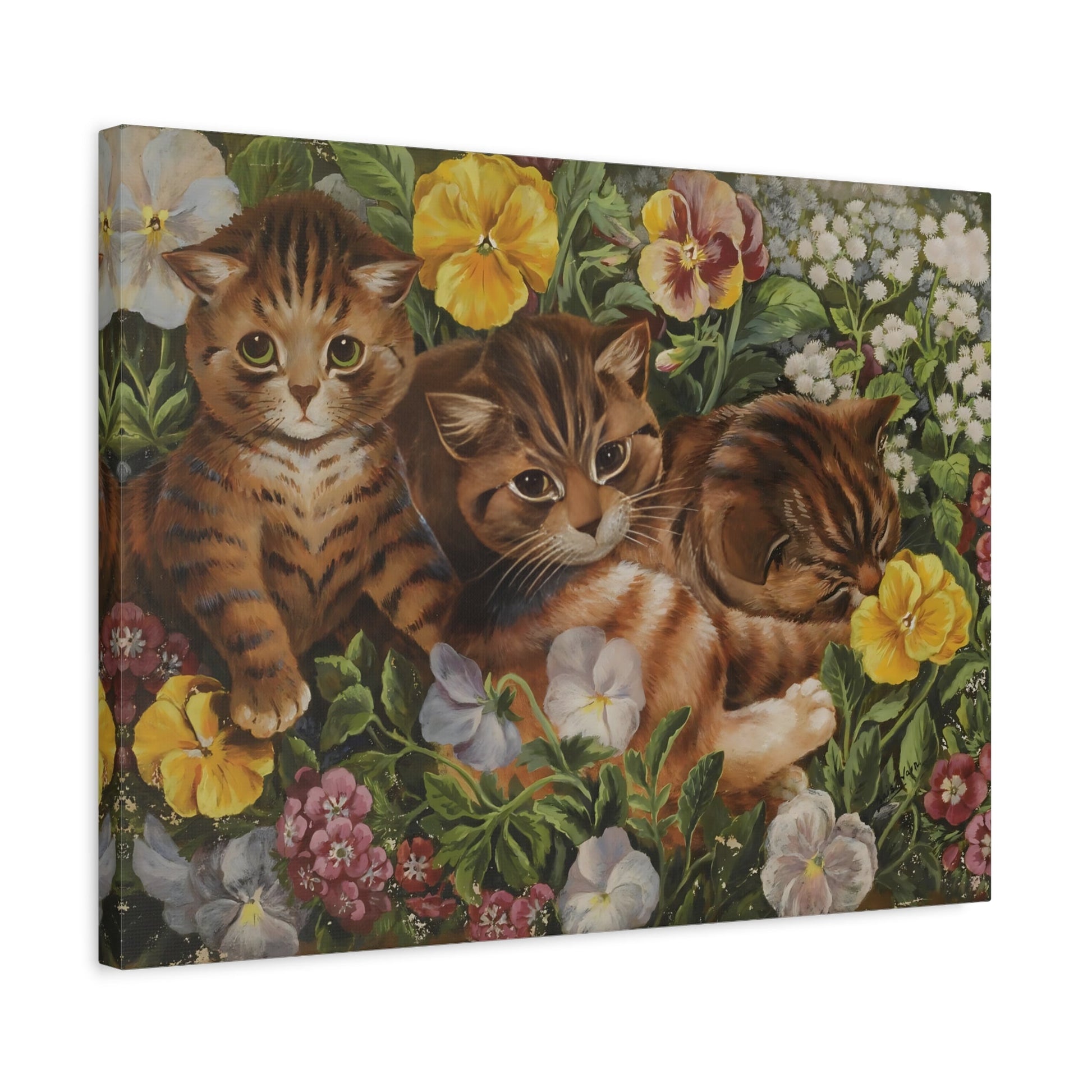 Louis Wain Three Kittens in a Flower Bed - Cats Canvas Wall Art Reproduction