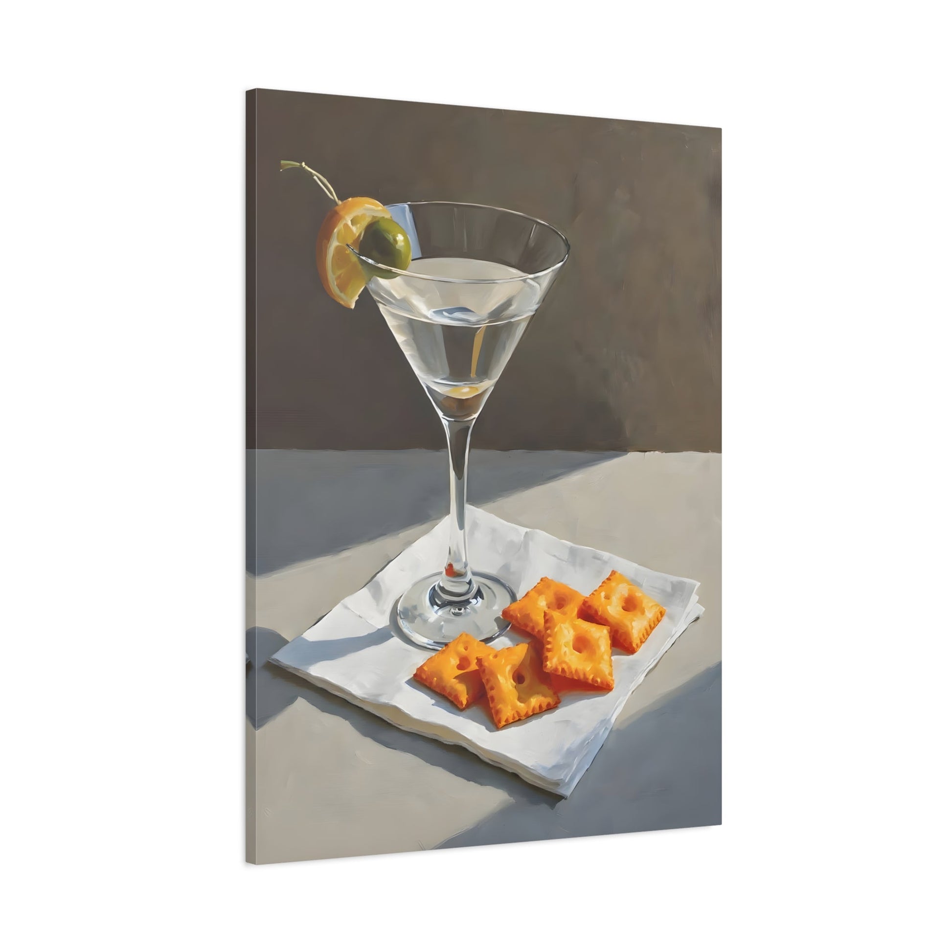 Martini and Cheese Crackers Canvas Wall Art - Whimsical Cocktail Bar Cart Decor