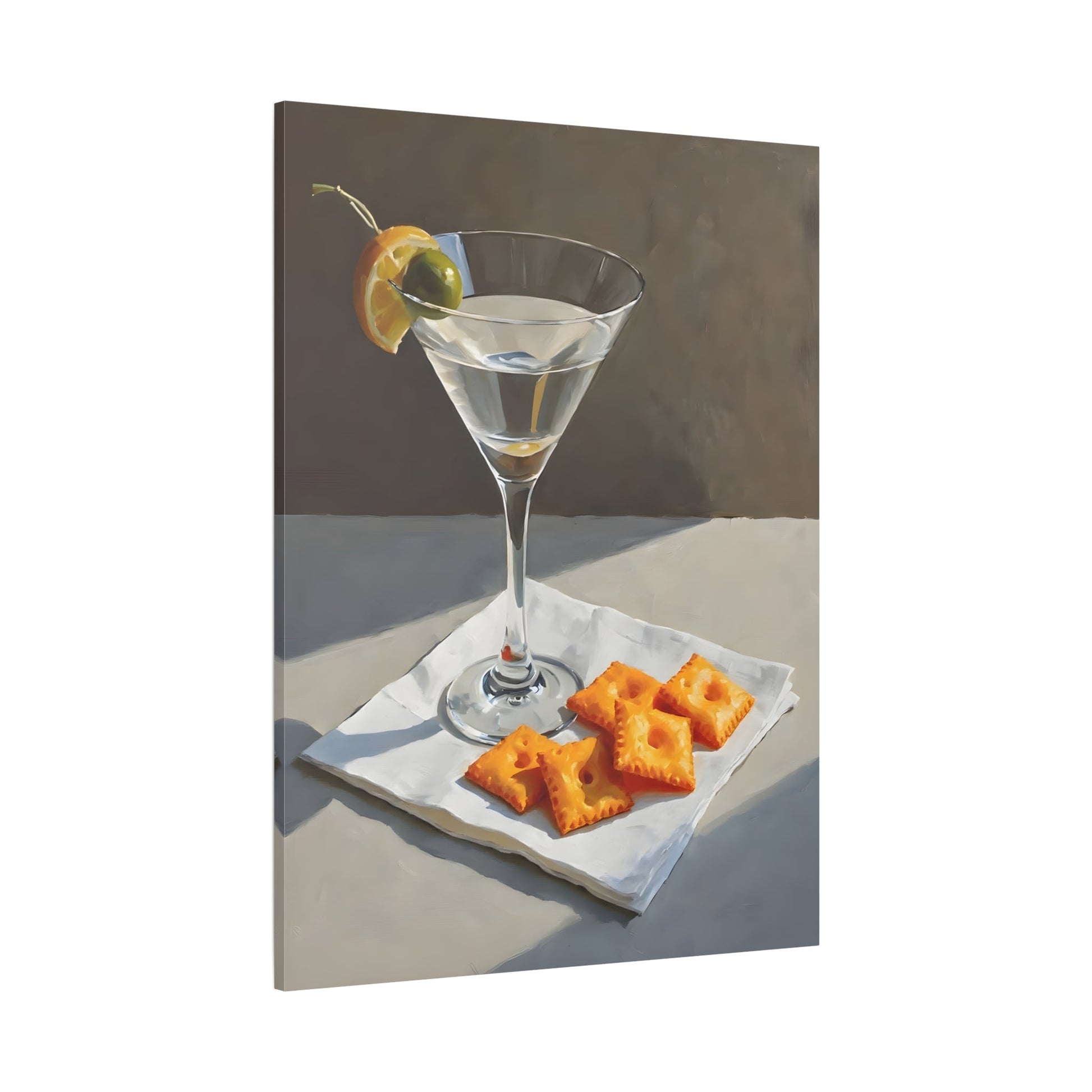 Martini and Cheese Crackers Canvas Wall Art - Whimsical Cocktail Bar Cart Decor