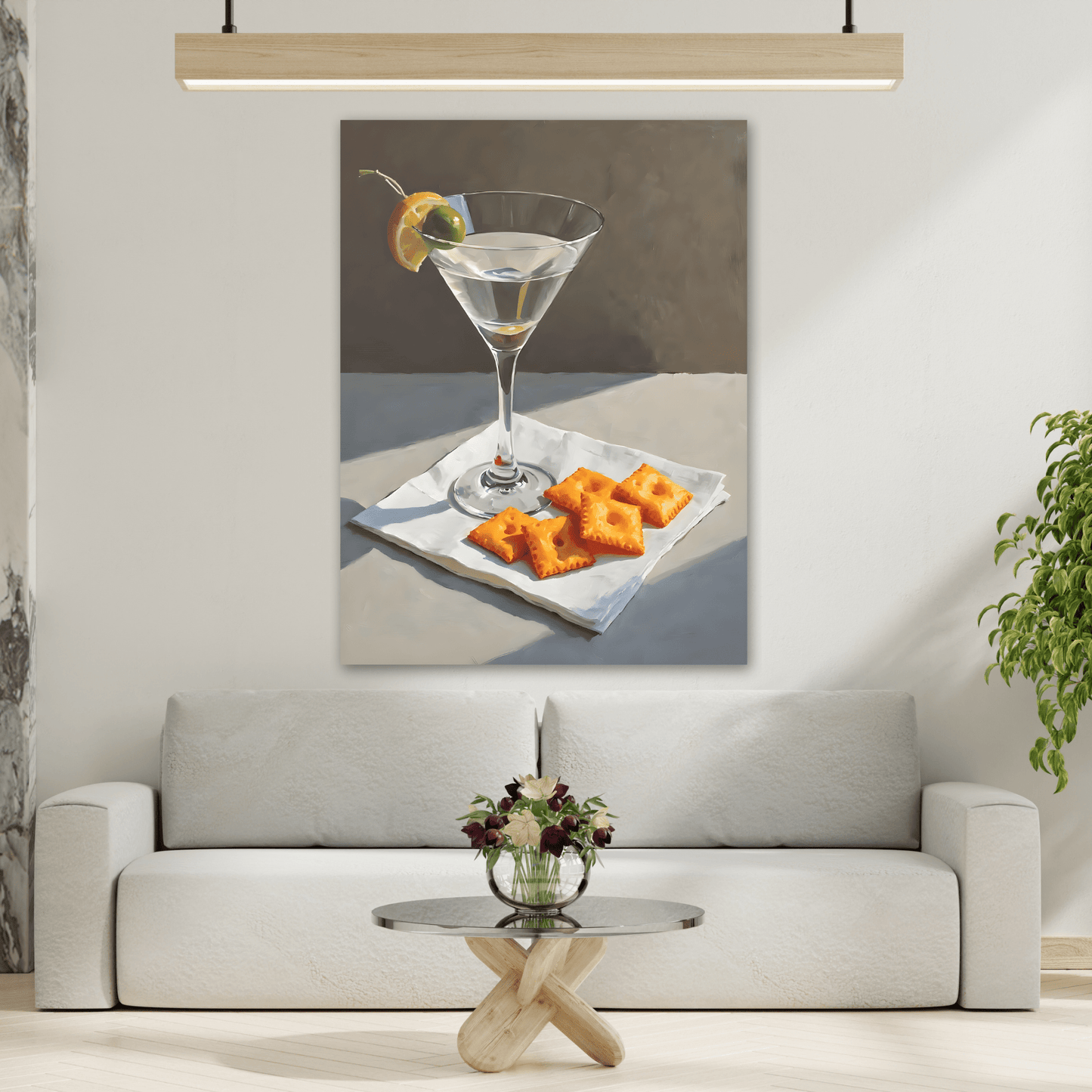 Martini and Cheese Crackers Canvas Wall Art - Whimsical Cocktail Bar Cart Decor