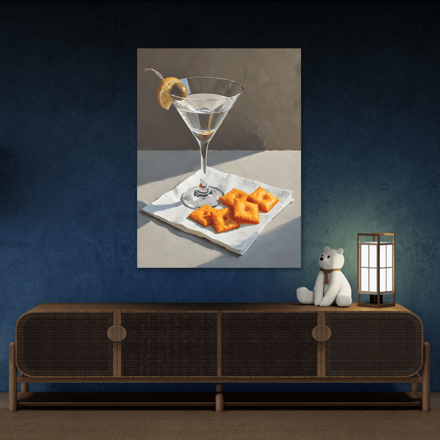 Martini and Cheese Crackers Canvas Wall Art - Whimsical Cocktail Bar Cart Decor