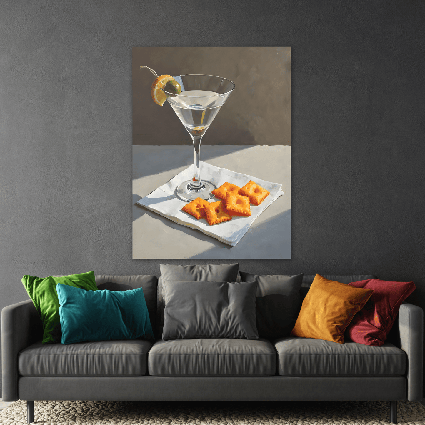 Martini and Cheese Crackers Canvas Wall Art - Whimsical Cocktail Bar Cart Decor