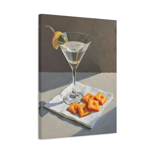 Martini and Cheese Crackers Canvas Wall Art - Whimsical Cocktail Bar Cart Decor