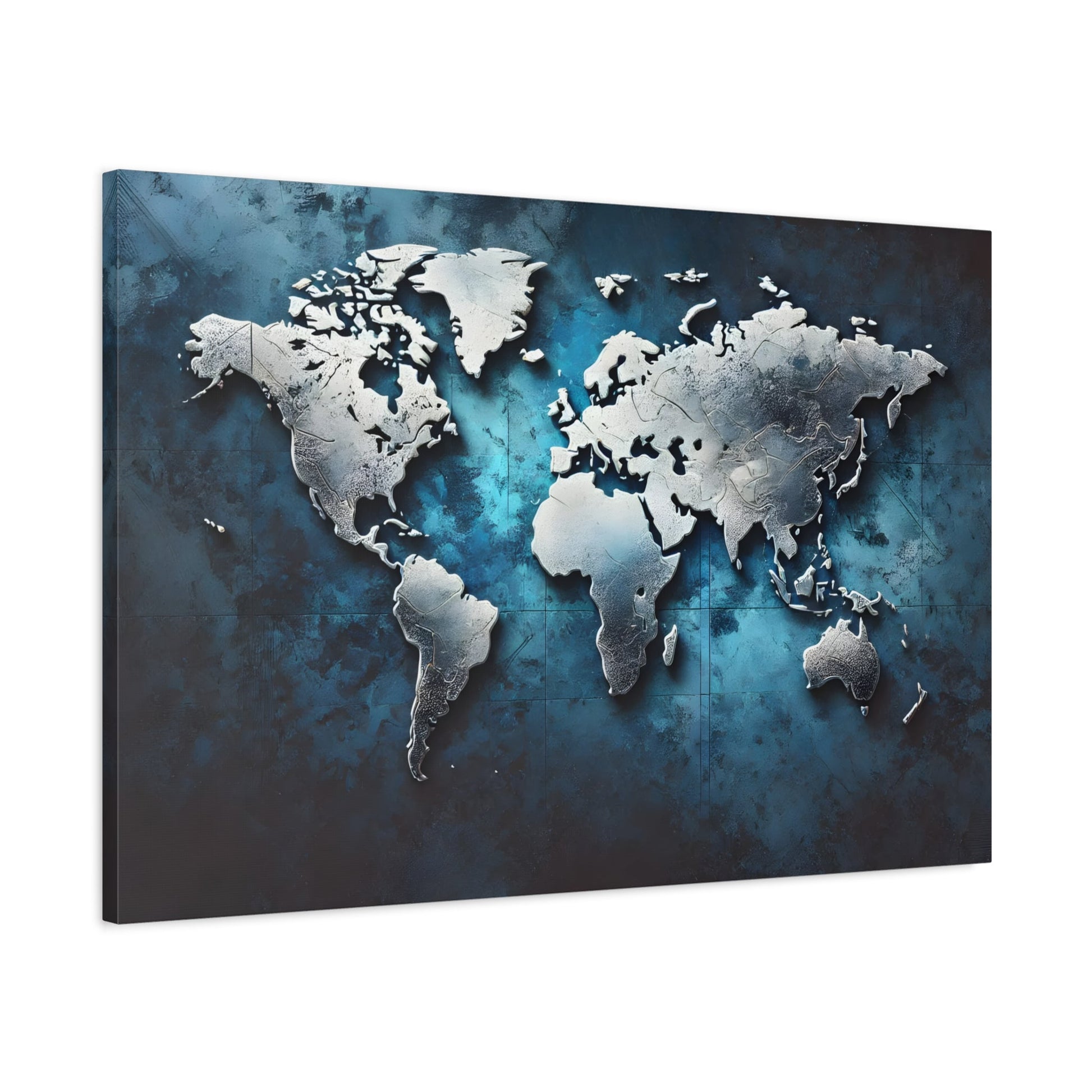 Metallic World Map Canvas Print - Large Blue Silver Travel Wall Art