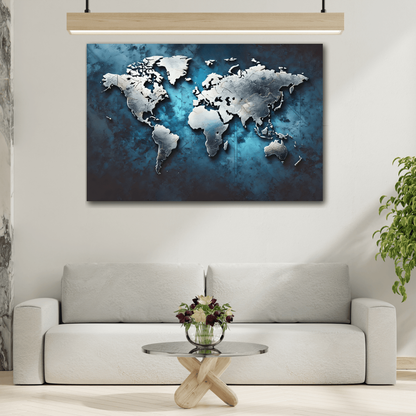 Metallic World Map Canvas Print - Large Blue Silver Travel Wall Art