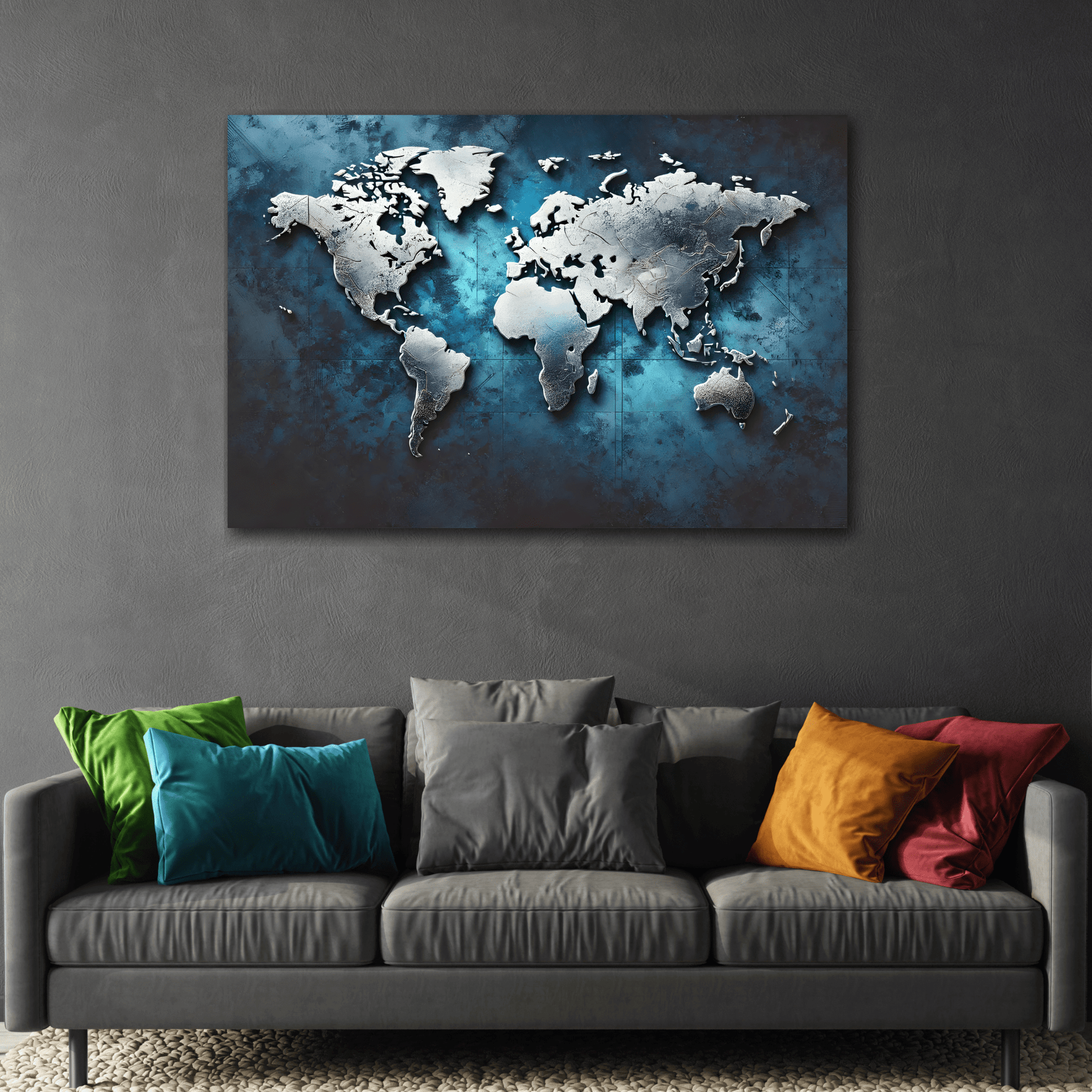 Metallic World Map Canvas Print - Large Blue Silver Travel Wall Art
