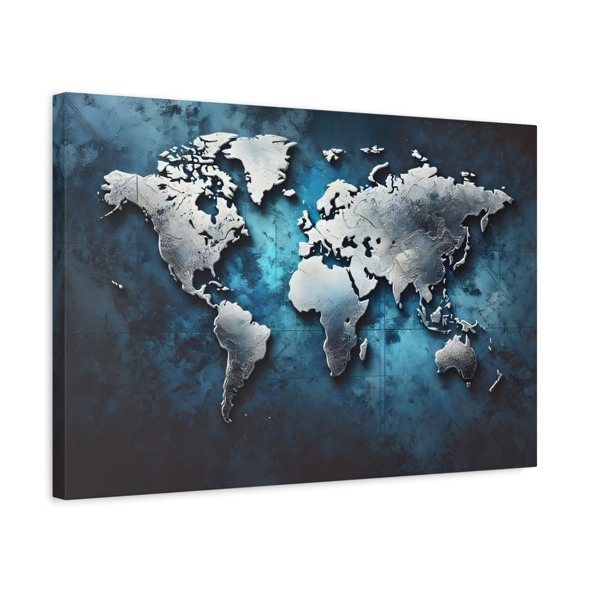 Metallic World Map Canvas Print - Large Blue Silver Travel Wall Art