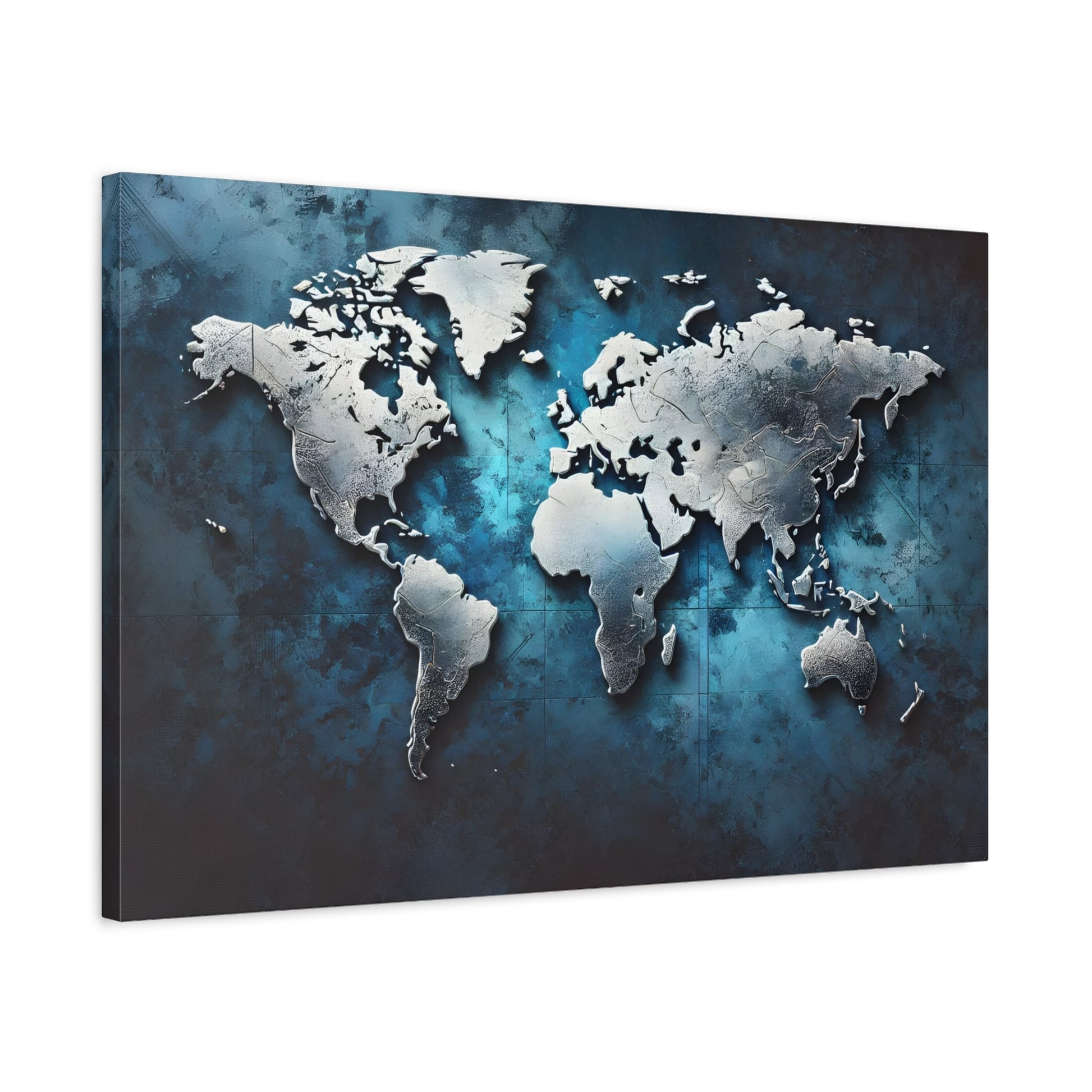 Metallic World Map Canvas Print - Large Blue Silver Travel Wall Art