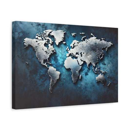 Metallic World Map Canvas Print - Large Blue Silver Travel Wall Art