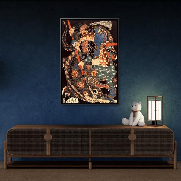 Miyamoto Musashi Killing A Giant Nue - Framed Canvas Wall Art Print