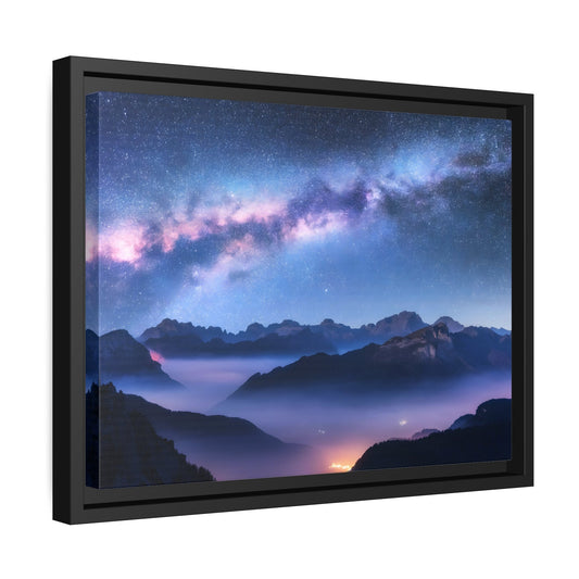 Modern Galaxy Nature Landscape in Framed Canvas Print - Starry Night Sky with Mountains Wall Art for Living Room