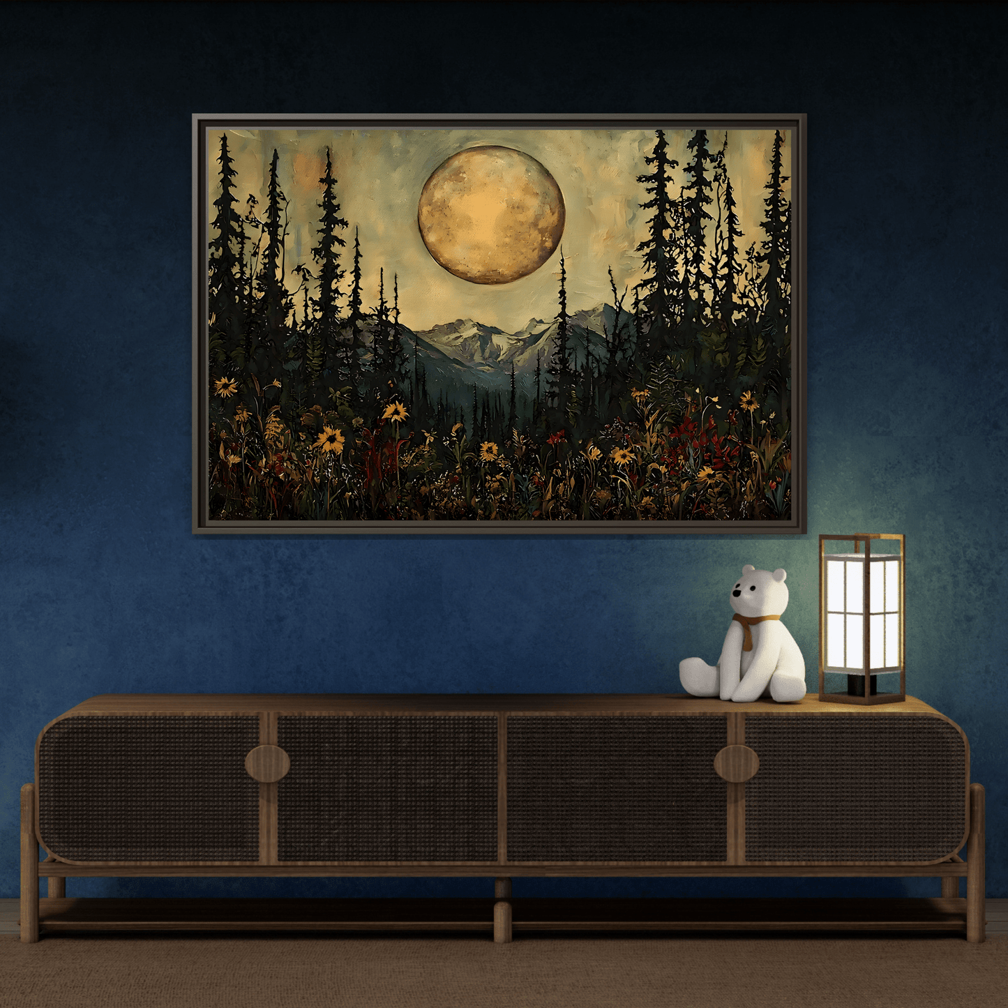 Moonlit Forest Meadow Canvas Prints, Mystical Full Moon Floral Rustic Wall Art