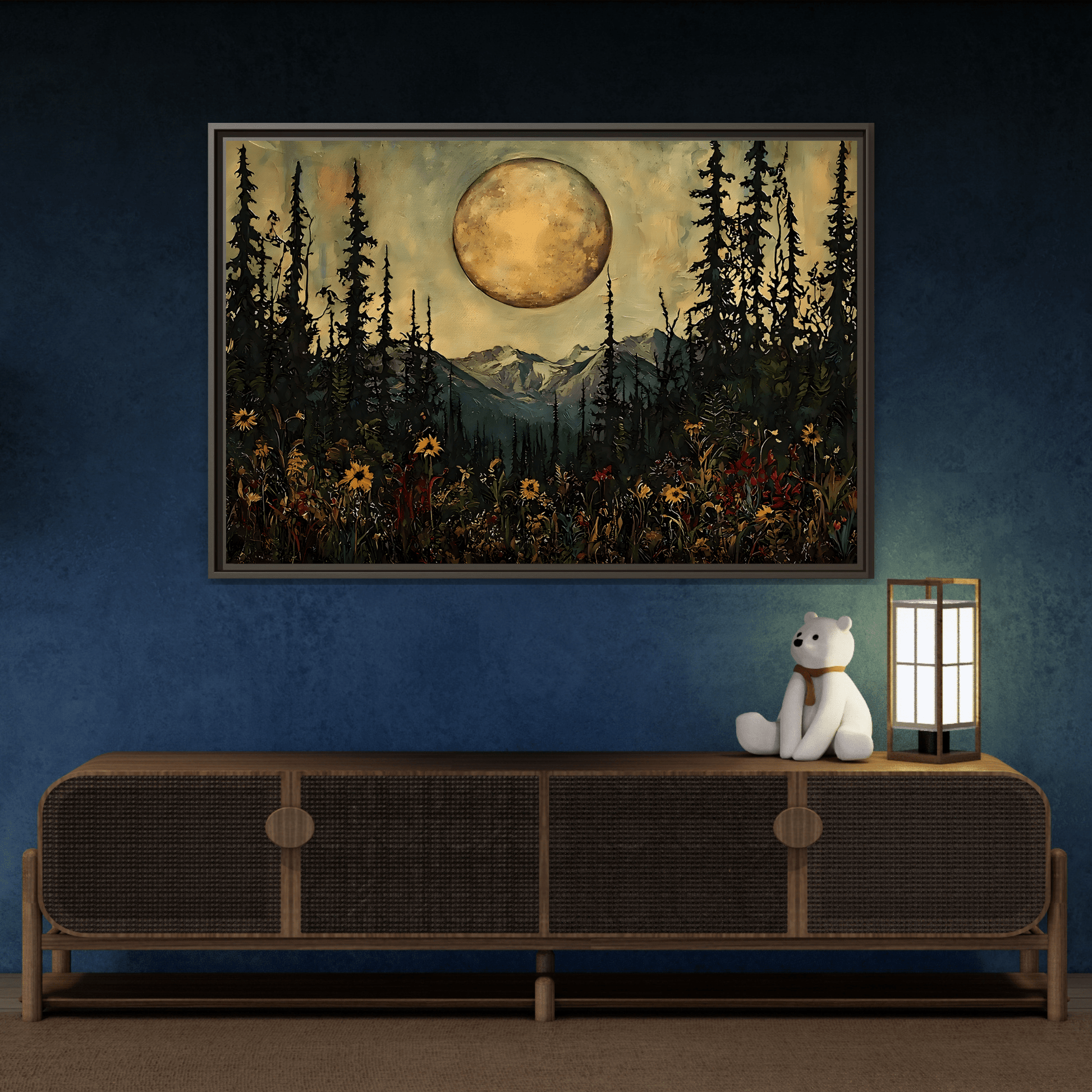 Moonlit Forest Meadow Canvas Prints, Mystical Full Moon Floral Rustic Wall Art