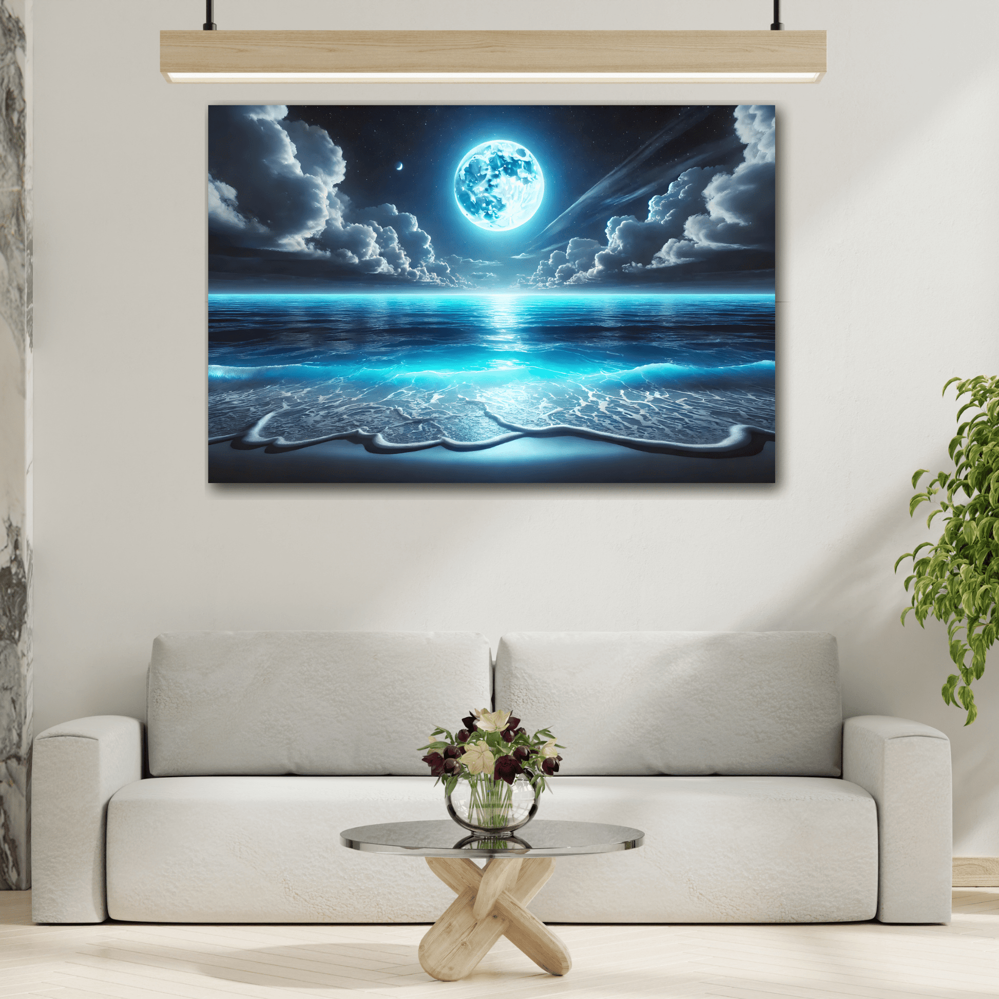 Moonlit Ocean Canvas Wall Art - Blue Moon Sea Landscape Picture Print Painting