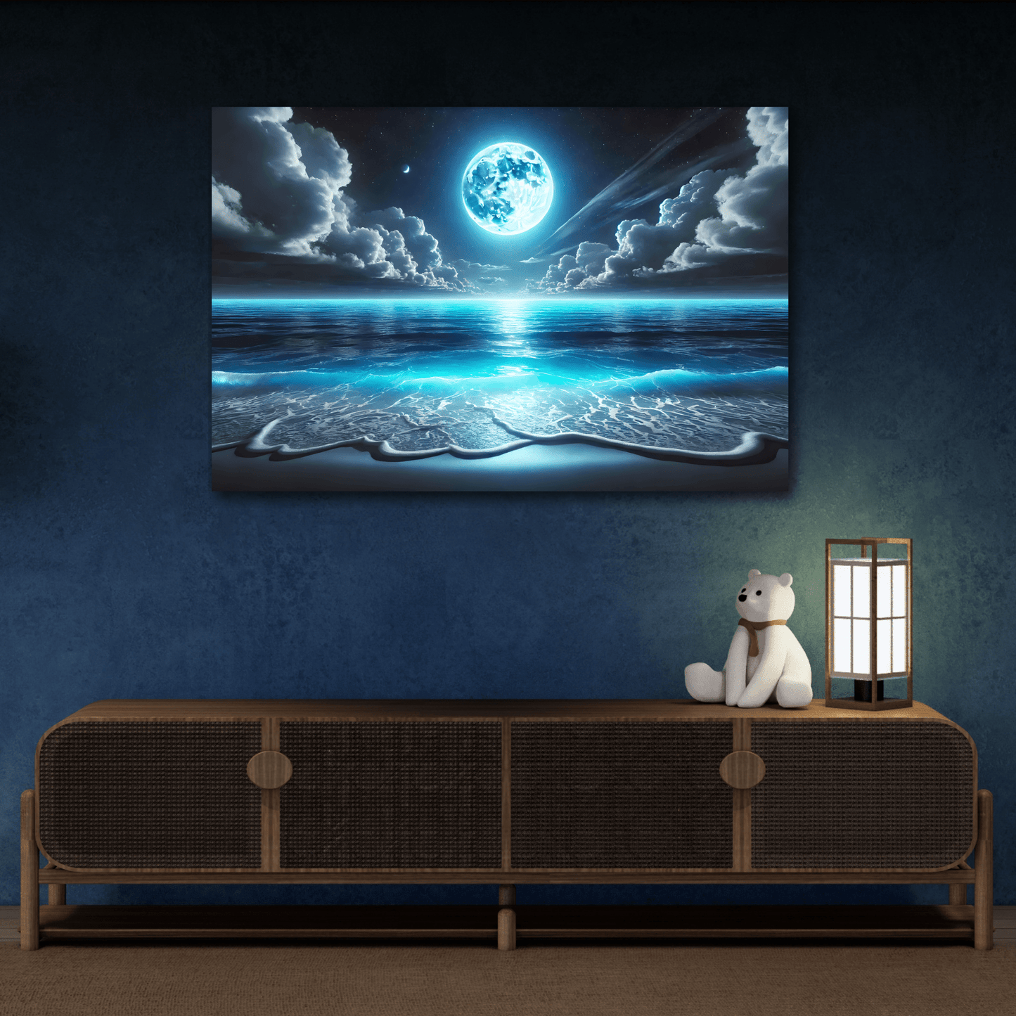 Moonlit Ocean Canvas Wall Art - Blue Moon Sea Landscape Picture Print Painting