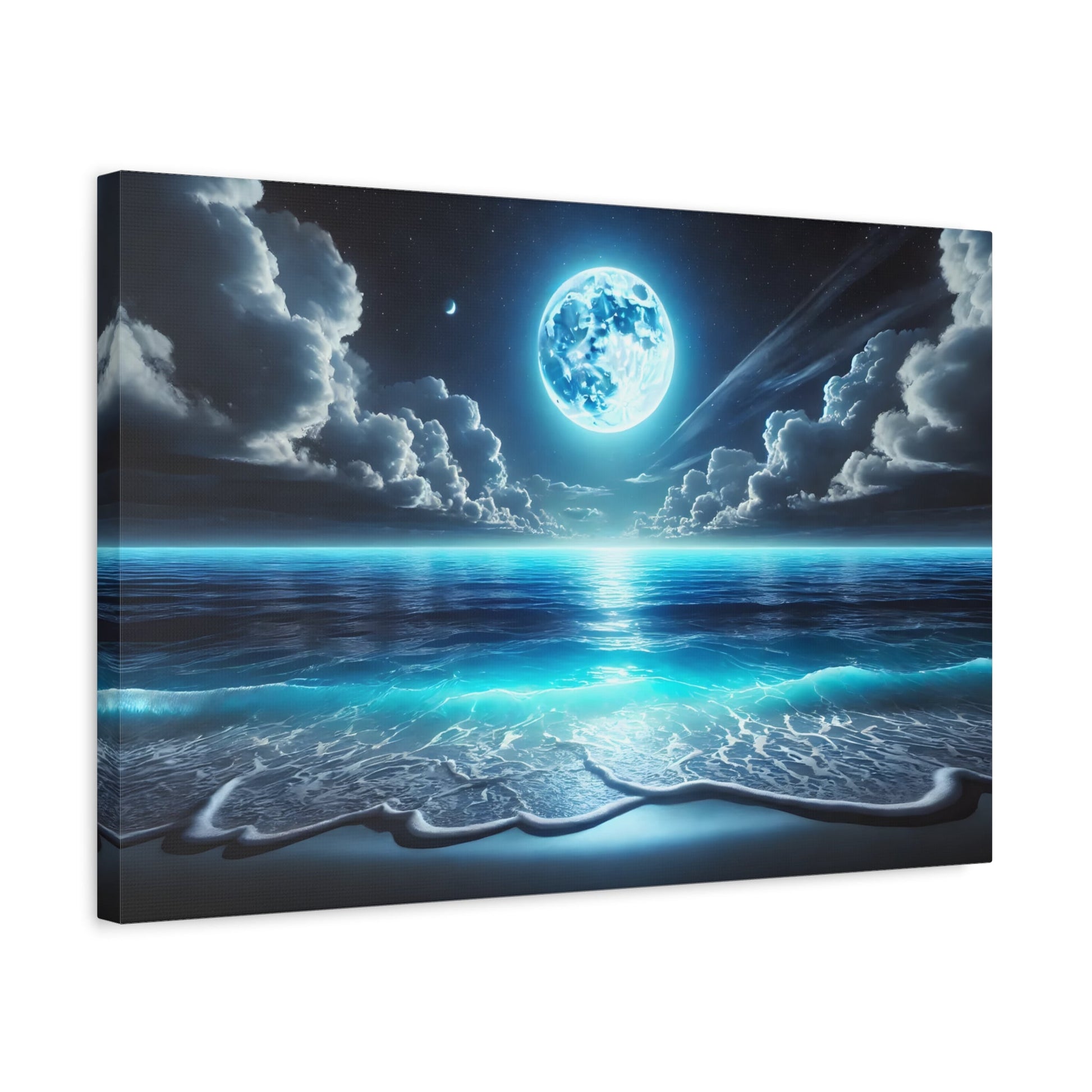 Moonlit Ocean Canvas Wall Art - Blue Moon Sea Landscape Picture Print Painting