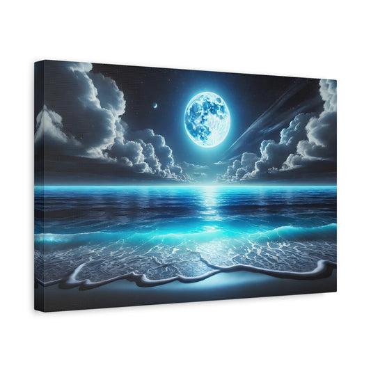 Moonlit Ocean Canvas Wall Art - Blue Moon Sea Landscape Picture Print Painting