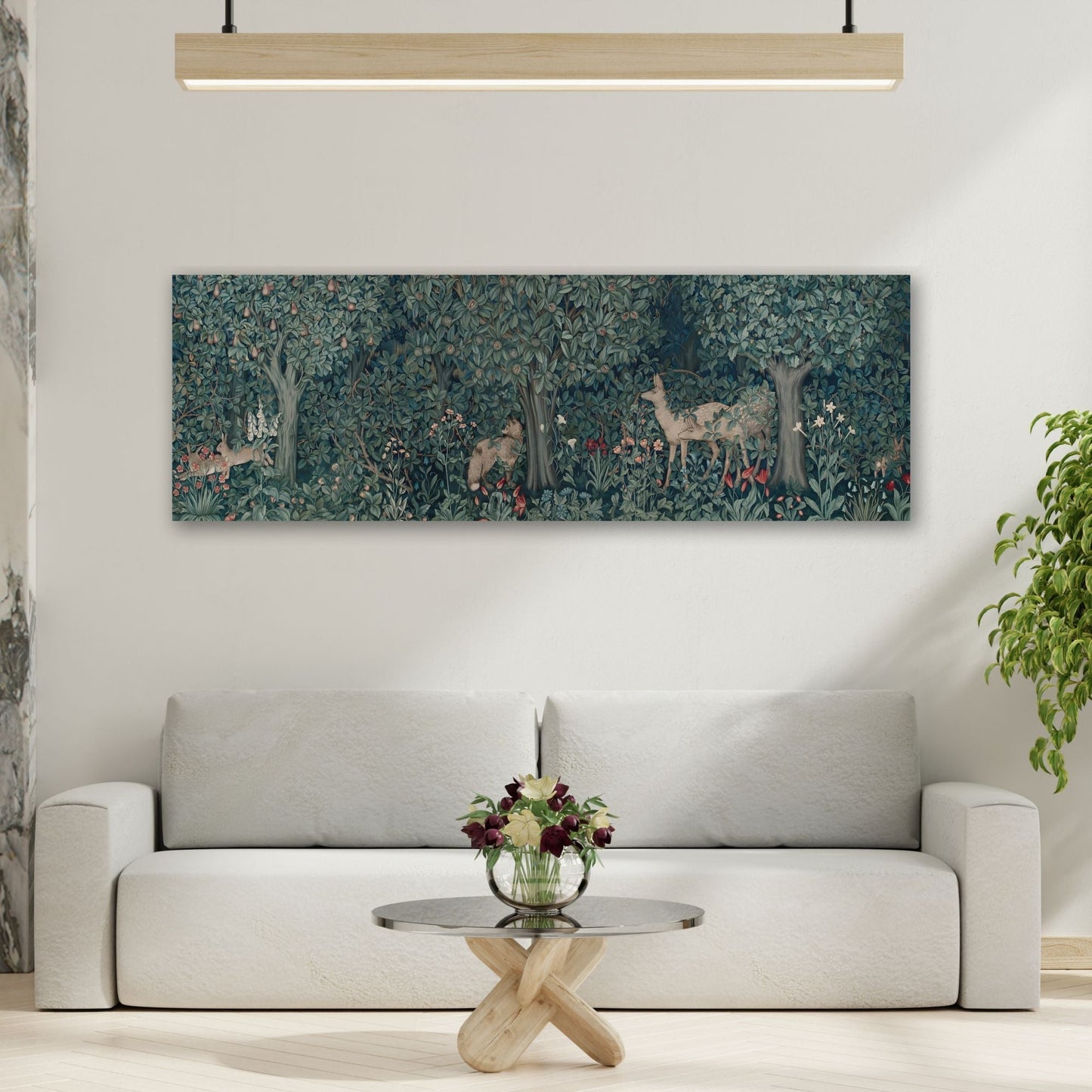 Morris Large Wall Art Framed Canvas Print - Panoramic Classic Woodland Deer in Forest