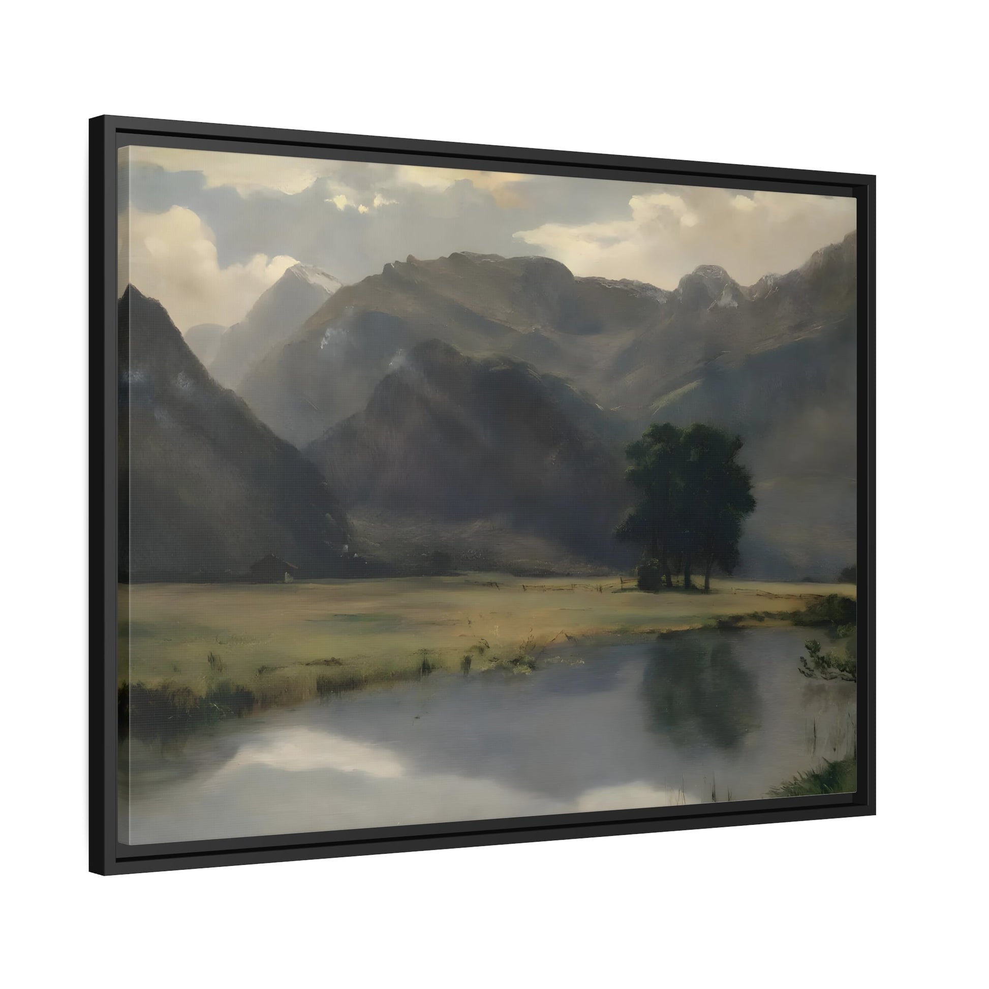 Mountain Landscape with Calm Serene Water Lake - Canvas Wall Art Print Framed in Stylish Frame