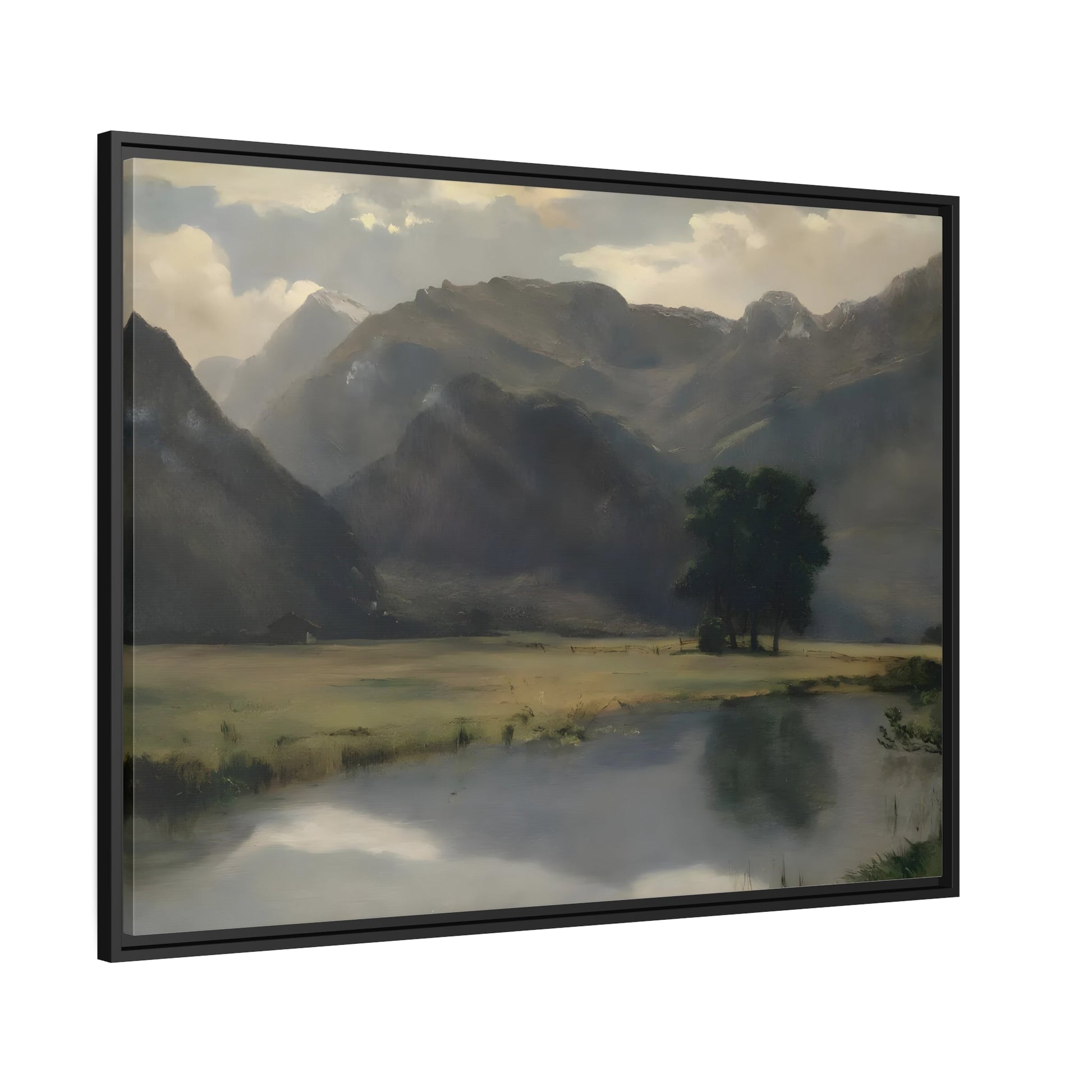 Mountain Landscape with Calm Serene Water Lake - Canvas Wall Art Print Framed in Stylish Frame