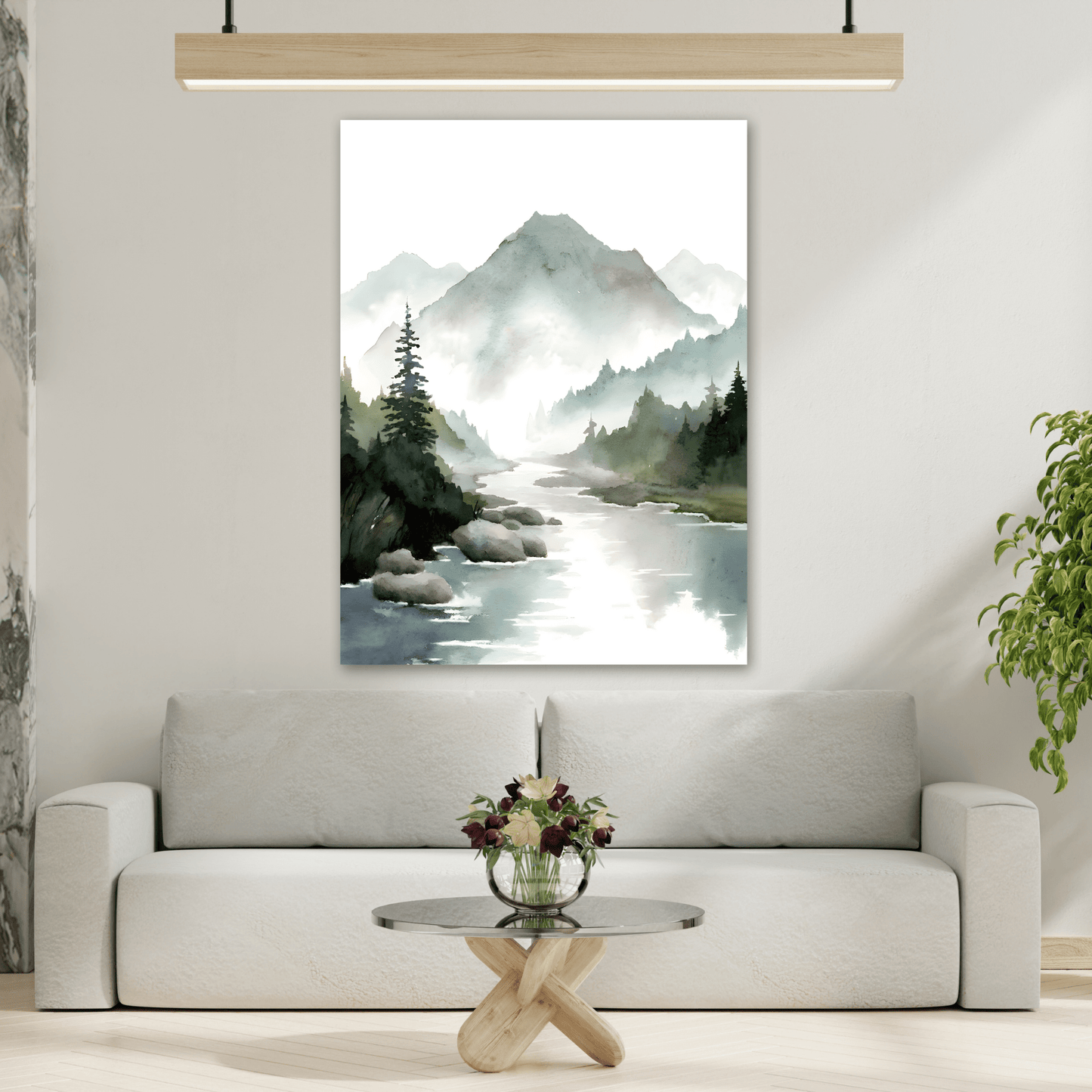 Mountain River Landscape Canvas Print - Watercolor Neutral Wall Art