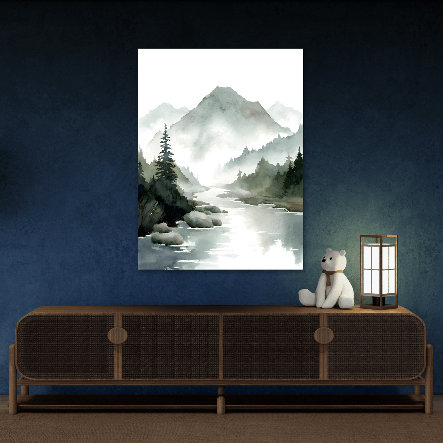 Mountain River Landscape Canvas Print - Watercolor Neutral Wall Art
