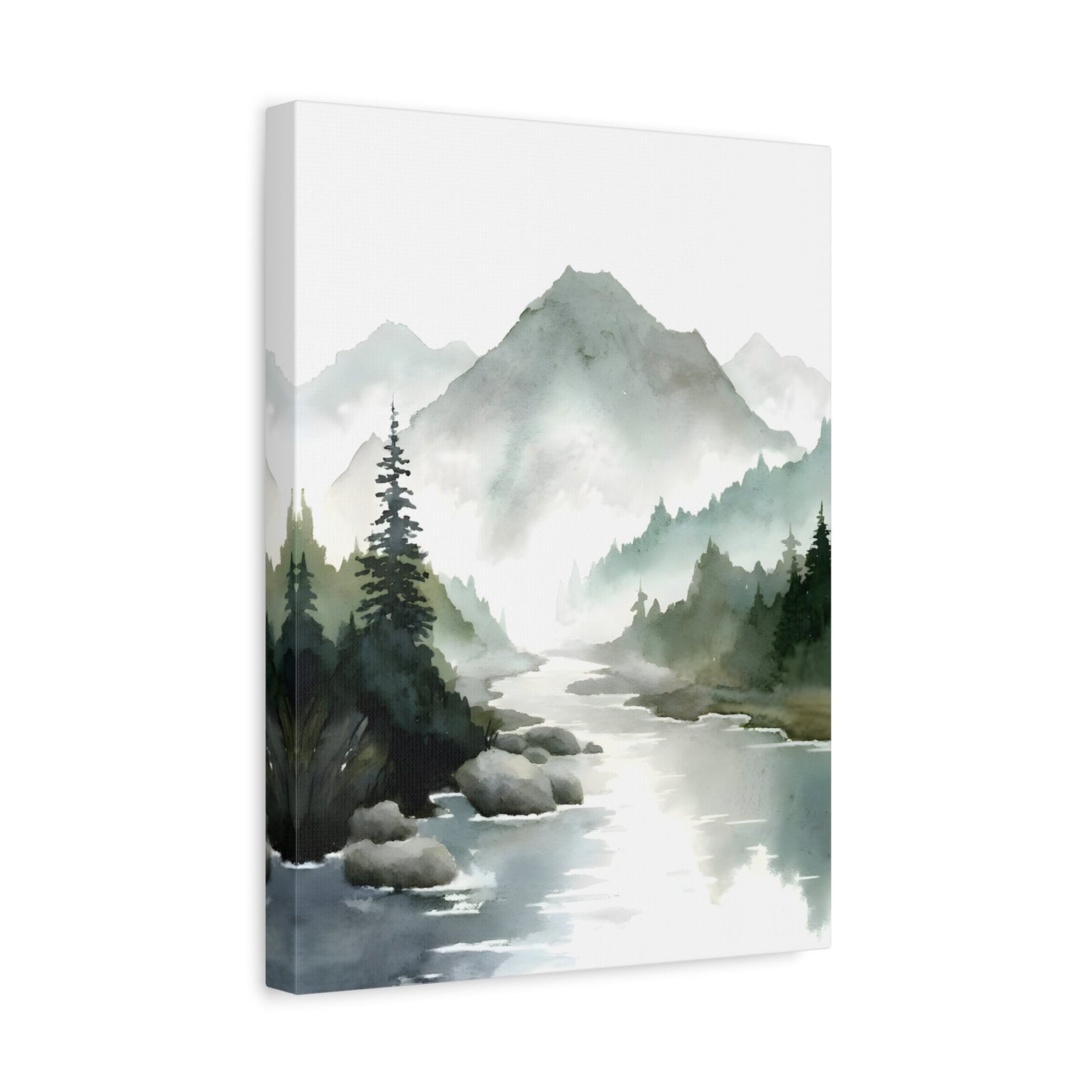 Mountain River Landscape Canvas Print - Watercolor Neutral Wall Art