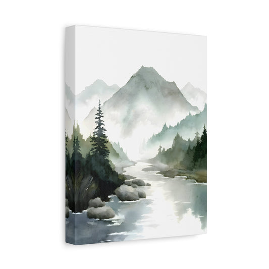 Mountain River Landscape Canvas Print - Watercolor Neutral Wall Art